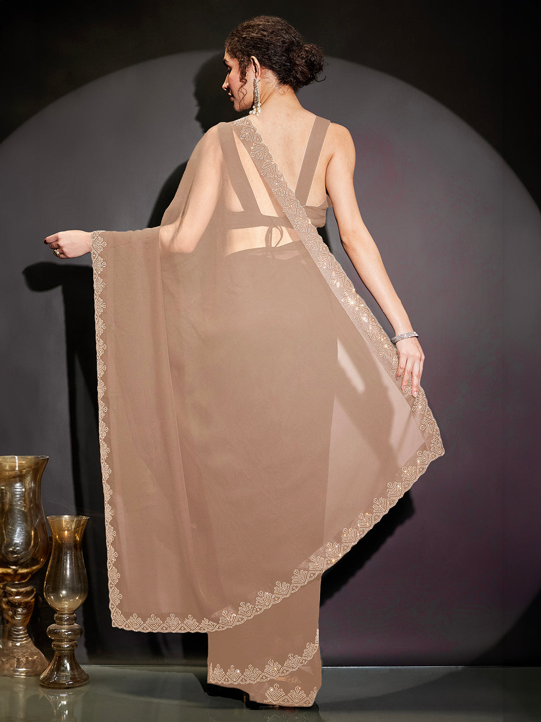 Naari By Shree Women's Beige Georgette One-Minute Ready-to-Wear Embellished Saree with Unstitched Blouse