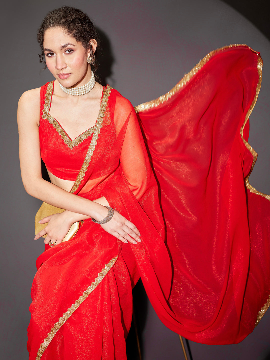 Naari By Shree Women's Teal Green Silk Blend One-Minute Ready-to-Wear Embellished Shimmer Saree with Unstitched Blouse