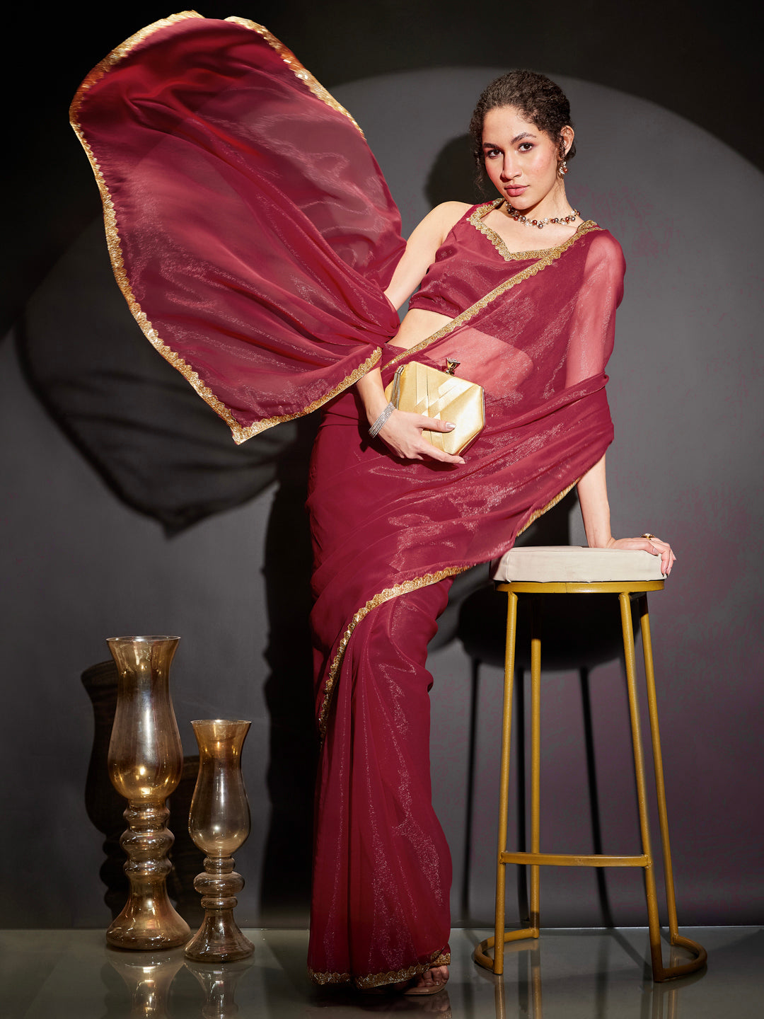 Naari By Shree Women's Pink Silk Blend One-Minute Ready-to-Wear Embellished Shimmer Saree with Unstitched Blouse