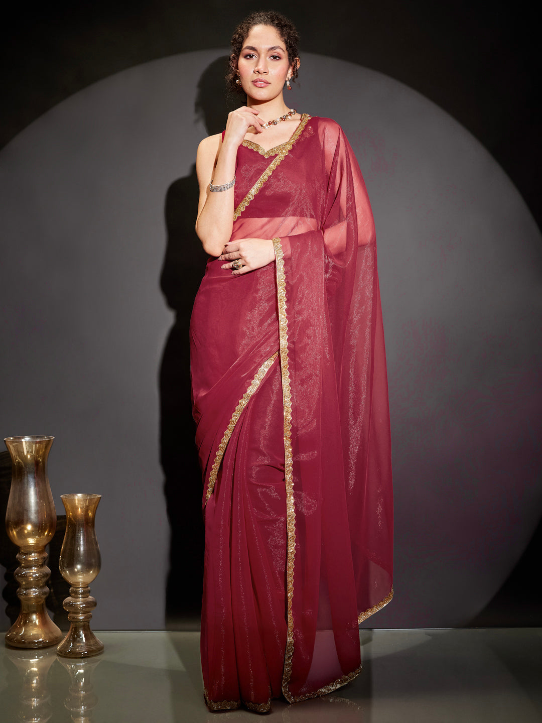 Naari By Shree Women's Pink Silk Blend One-Minute Ready-to-Wear Embellished Shimmer Saree with Unstitched Blouse