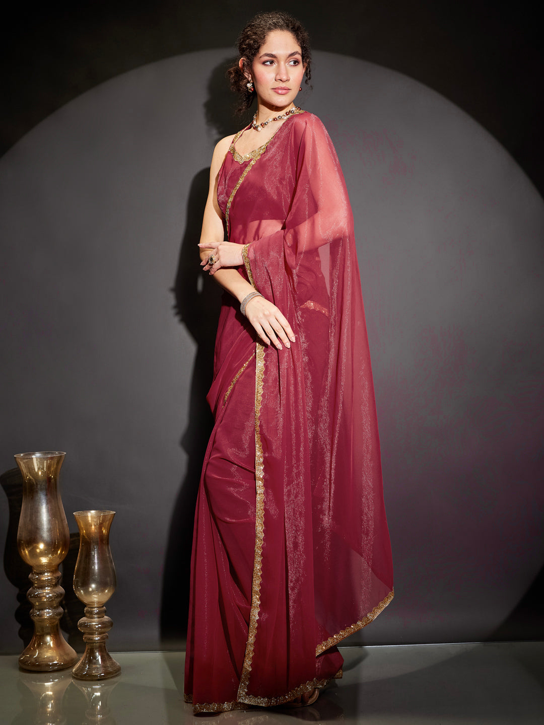 Naari By Shree Women's Pink Silk Blend One-Minute Ready-to-Wear Embellished Shimmer Saree with Unstitched Blouse