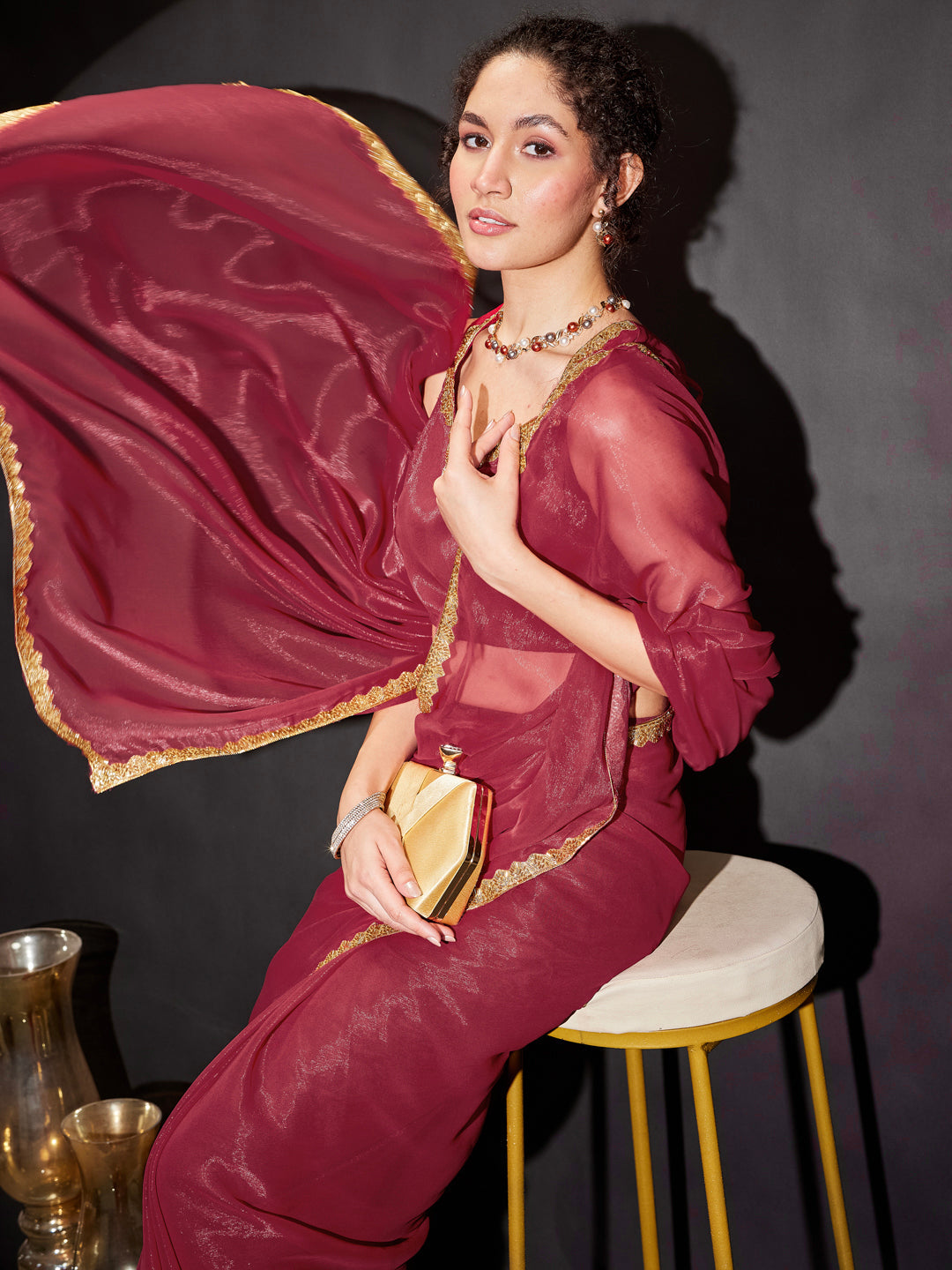 Naari By Shree Women's Pink Silk Blend One-Minute Ready-to-Wear Embellished Shimmer Saree with Unstitched Blouse