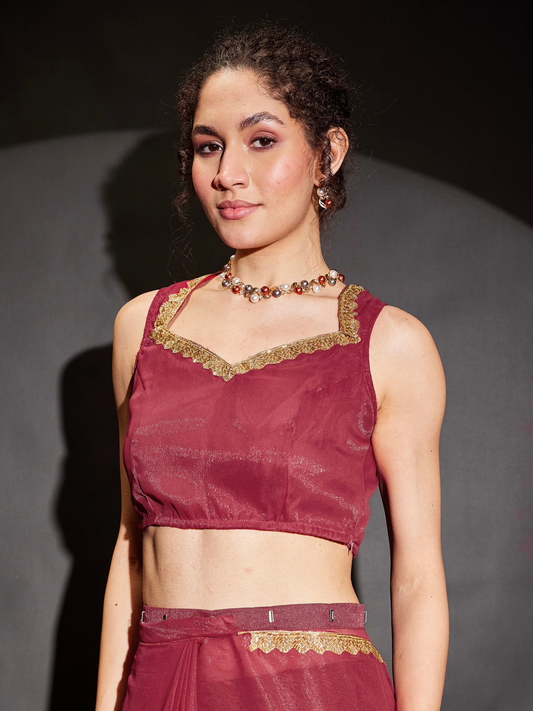 Naari By Shree Women's Pink Silk Blend One-Minute Ready-to-Wear Embellished Shimmer Saree with Unstitched Blouse