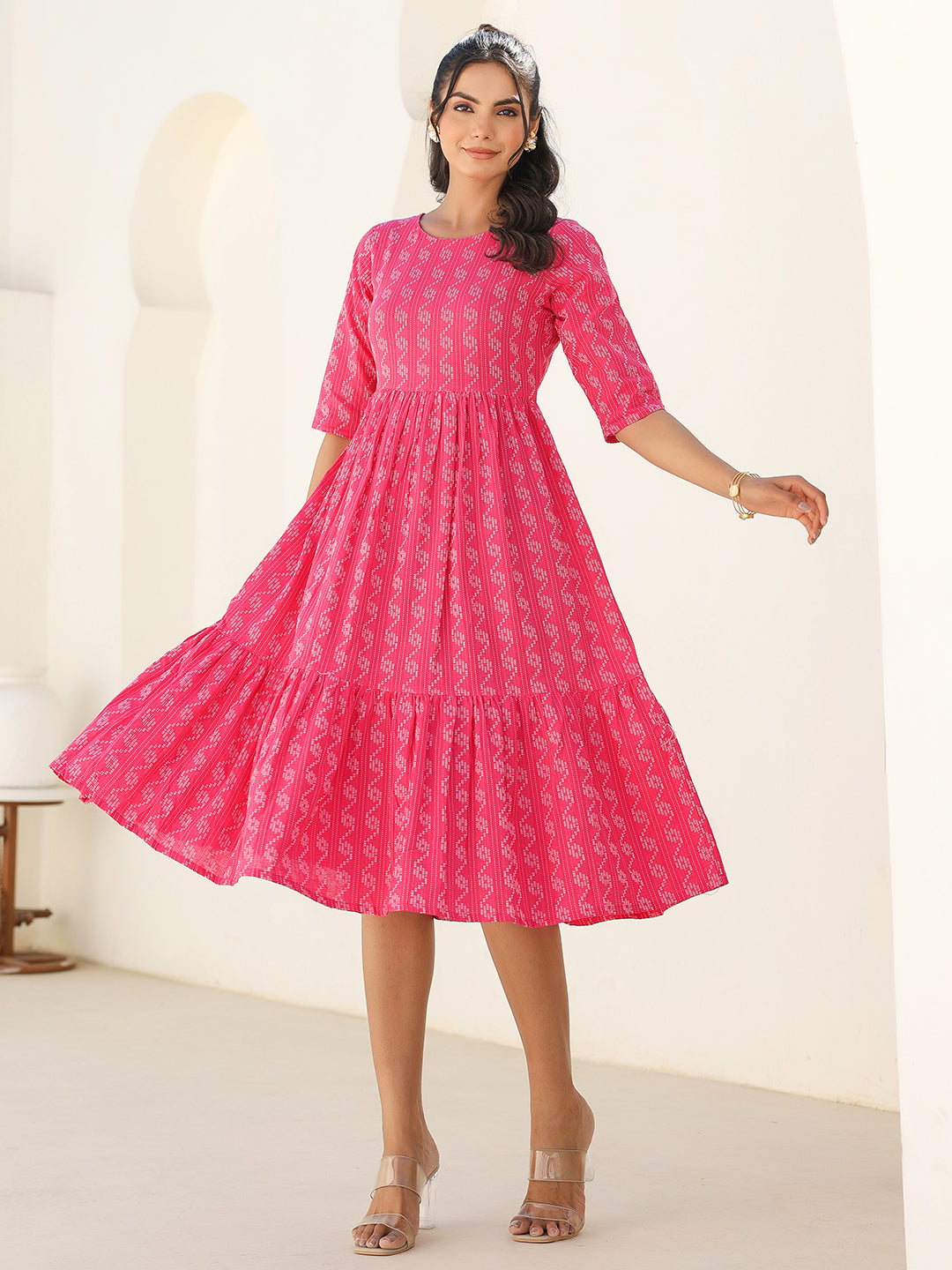 Naari By Shree Pink Cotton Woven Design Tiered Western Dress