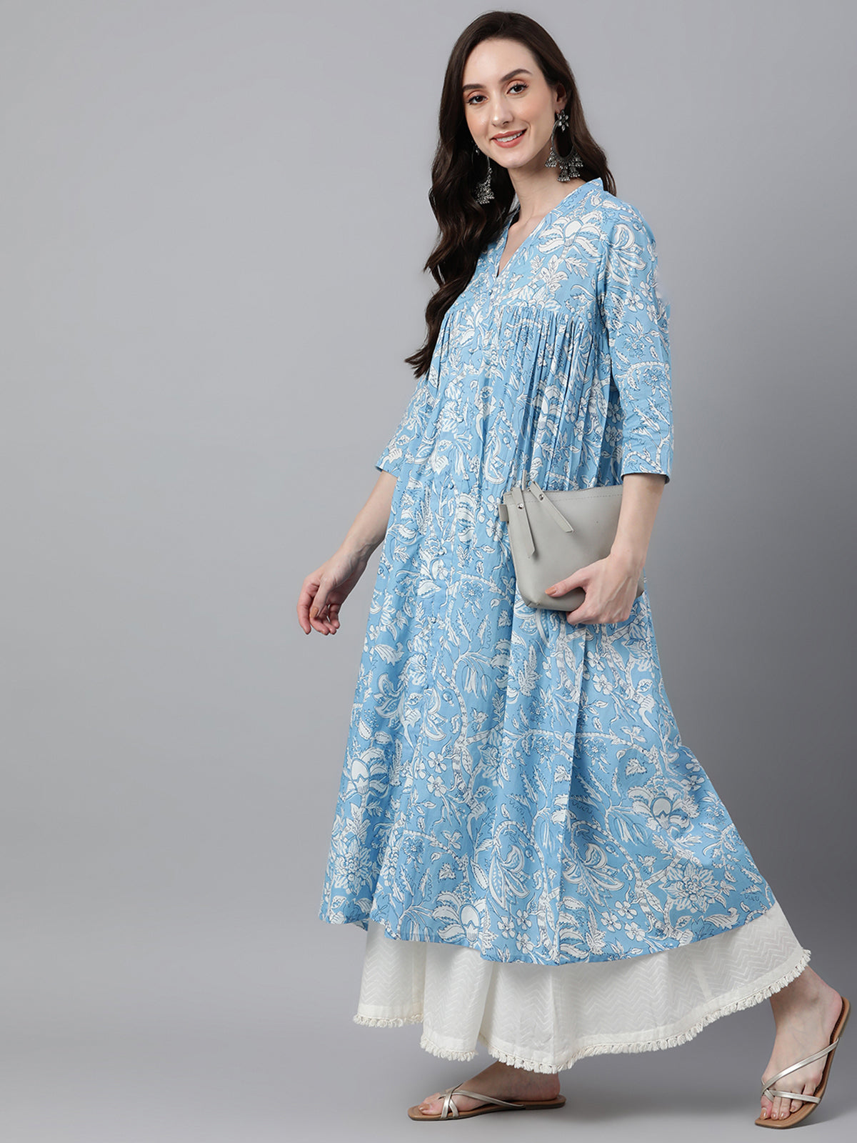 Naari By Shree Sky Blue Cotton Floral Print Flared Kurta