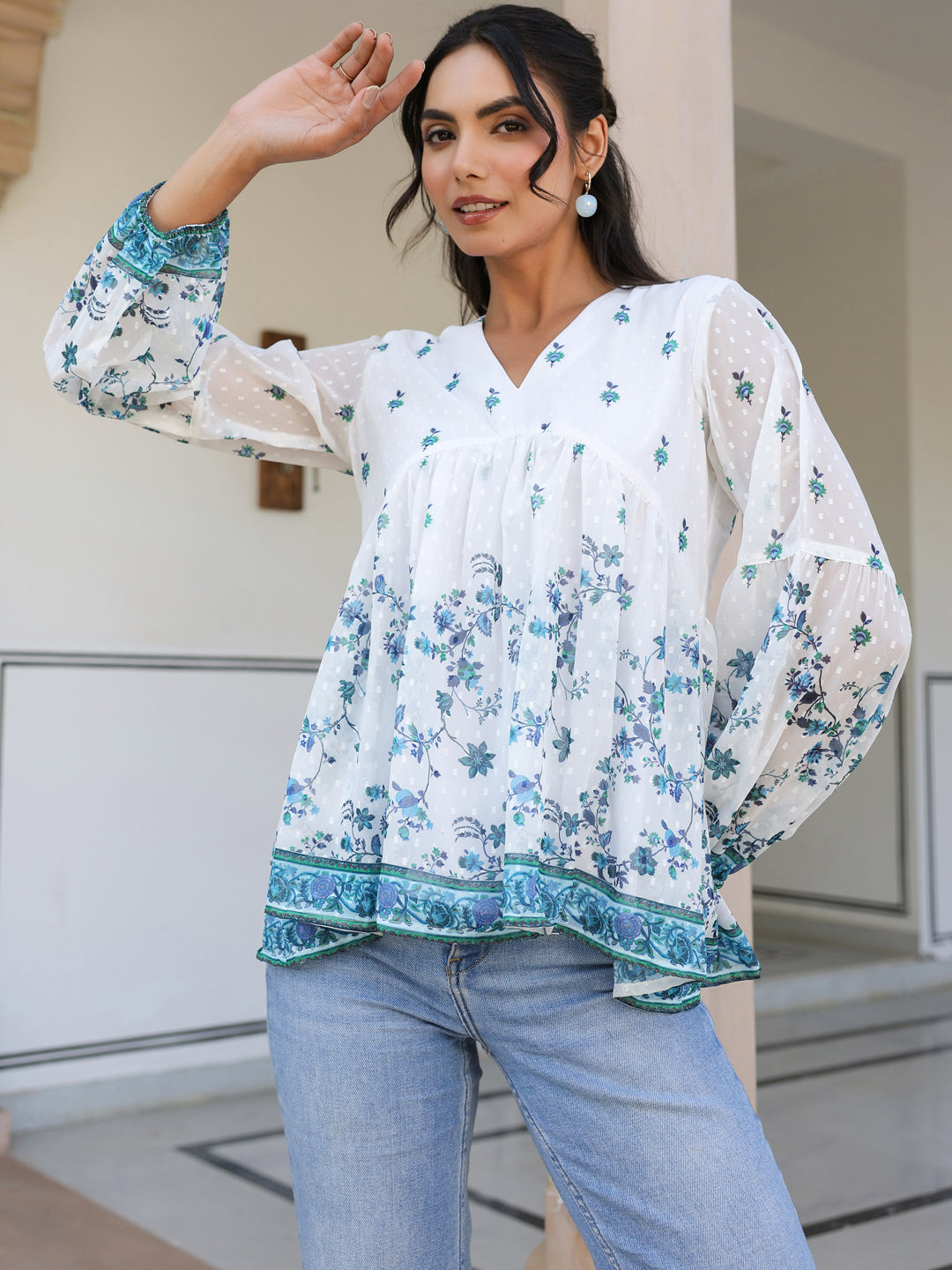 Naari By Shree White Georgette Digital Print Flared Top