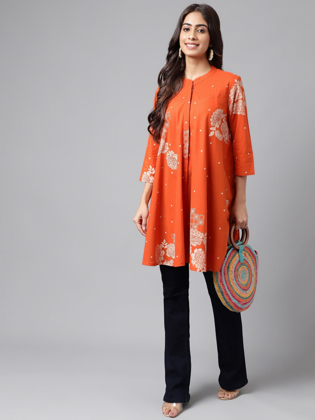 Naari By Shree Orange Cotton Floral Printed Flared Tunic