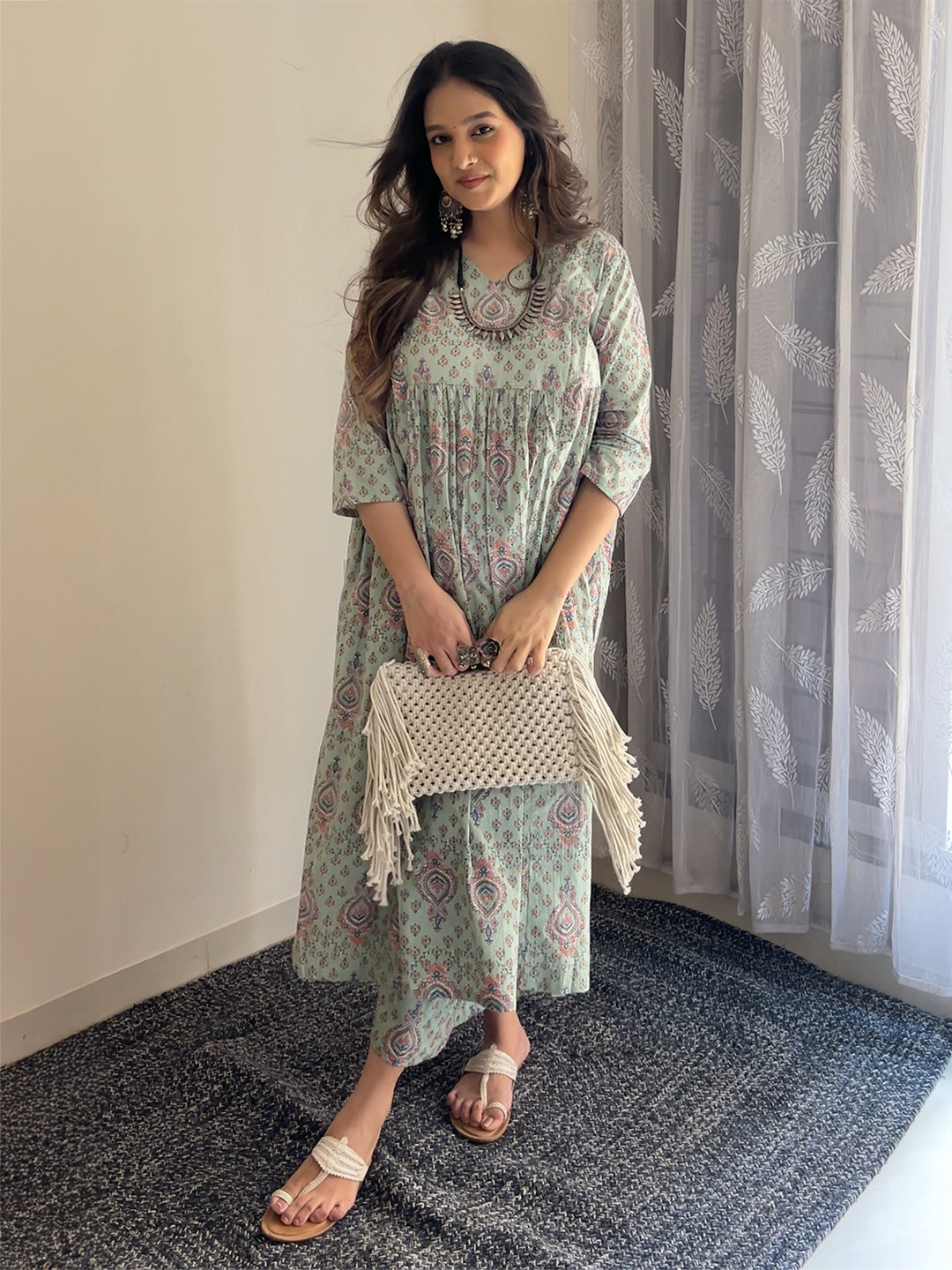 Naari By Shree Light Green Pure Cotton Floral Printed A-line Maternity Kurta Pant Set