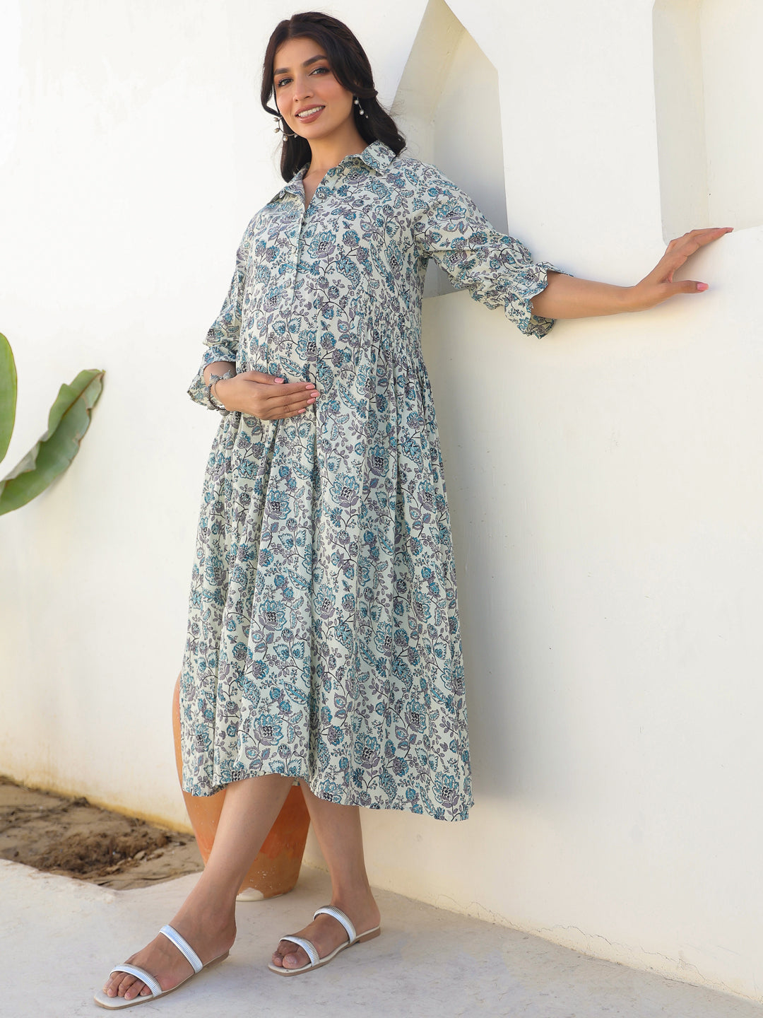 Naari By Shree Off White Pure Cotton Floral Printed A-line Maternity Dress