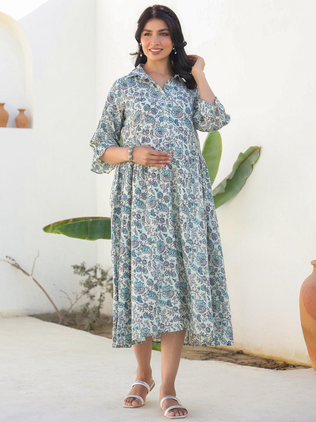 Naari By Shree Off White Pure Cotton Floral Printed A-line Maternity Dress