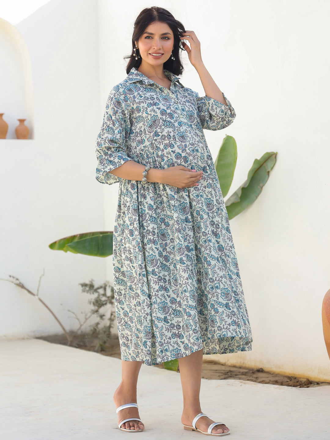 Naari By Shree Off White Pure Cotton Floral Printed A-line Maternity Dress