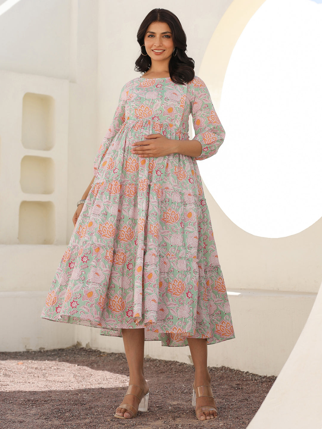 Naari By Shree Light Green Pure Cotton Floral Printed Tiered Maternity Dress