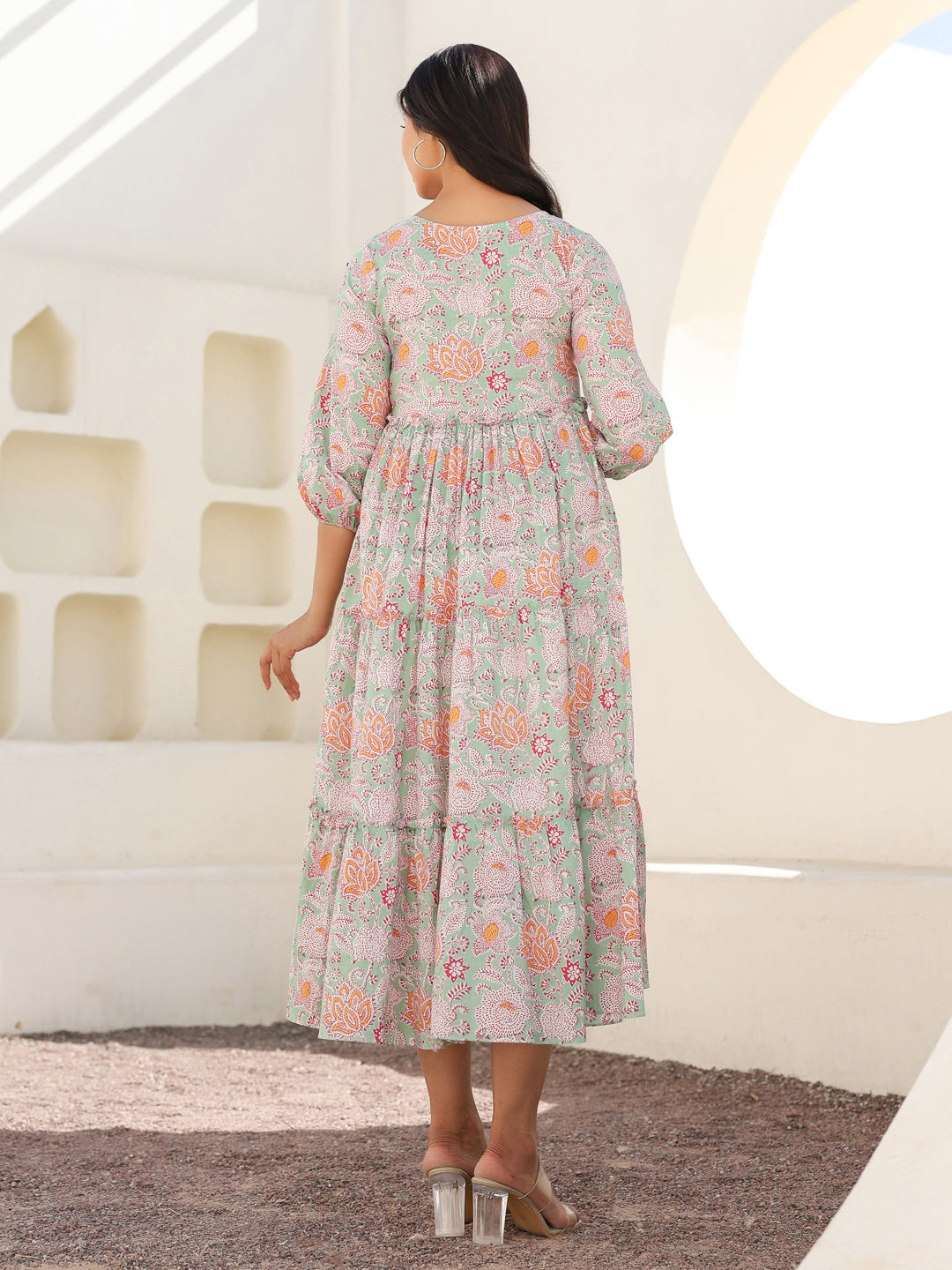 Naari By Shree Light Green Pure Cotton Floral Printed Tiered Maternity Dress