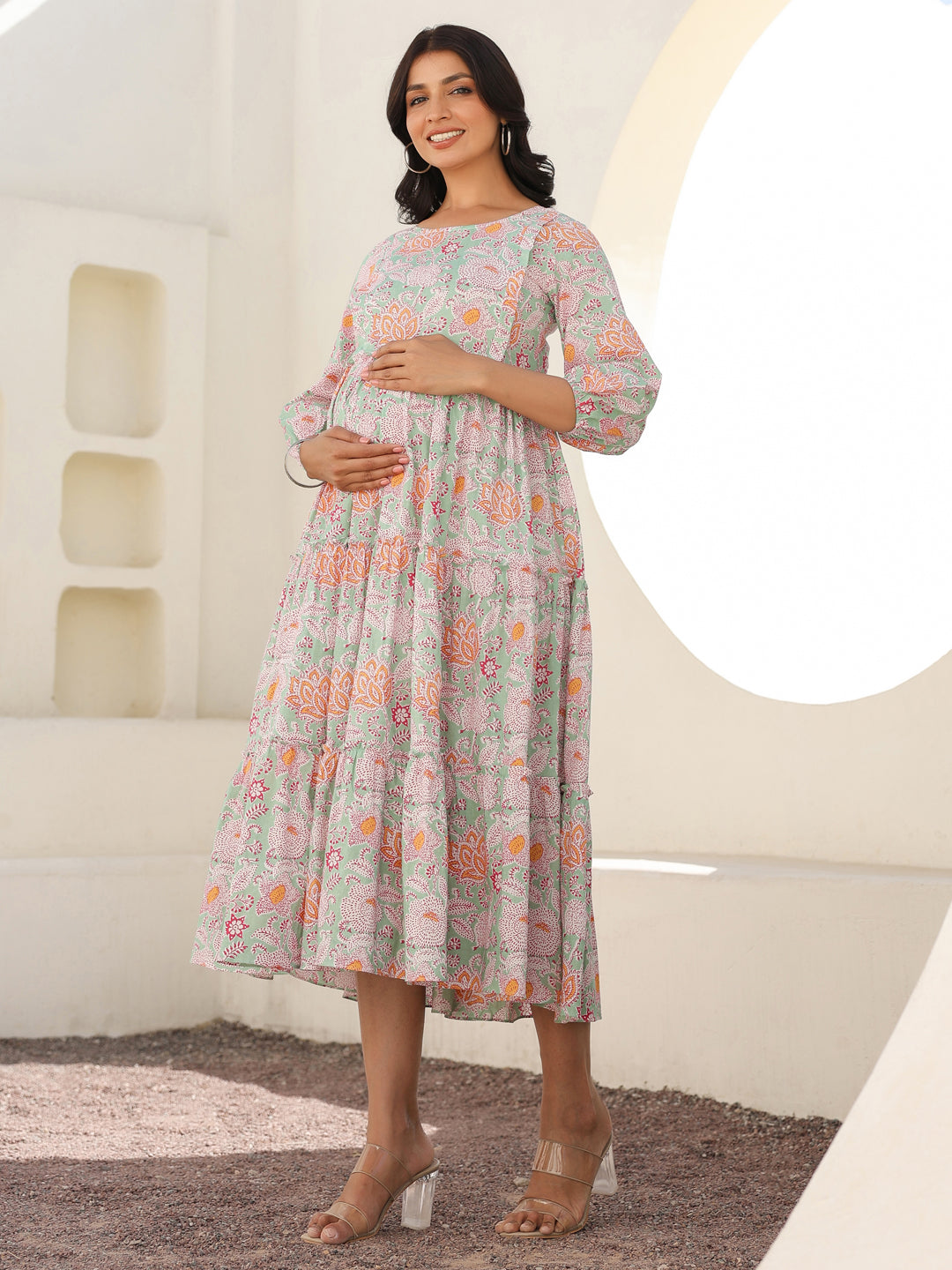Naari By Shree Light Green Pure Cotton Floral Printed Tiered Maternity Dress