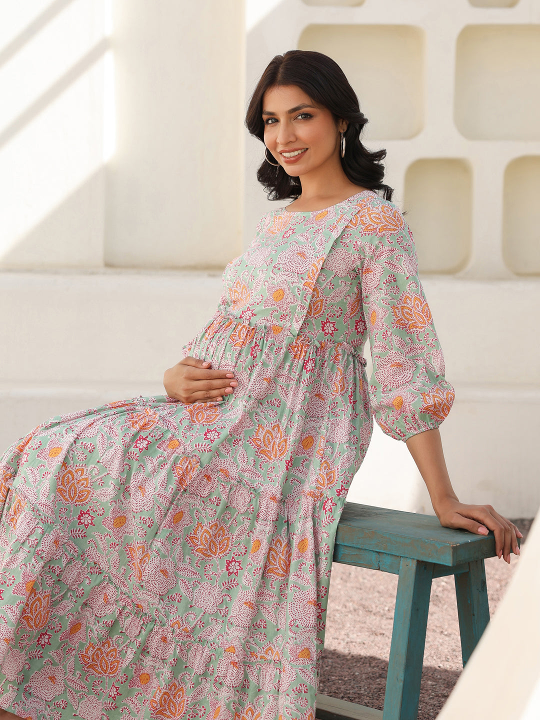 Naari By Shree Light Green Pure Cotton Floral Printed Tiered Maternity Dress