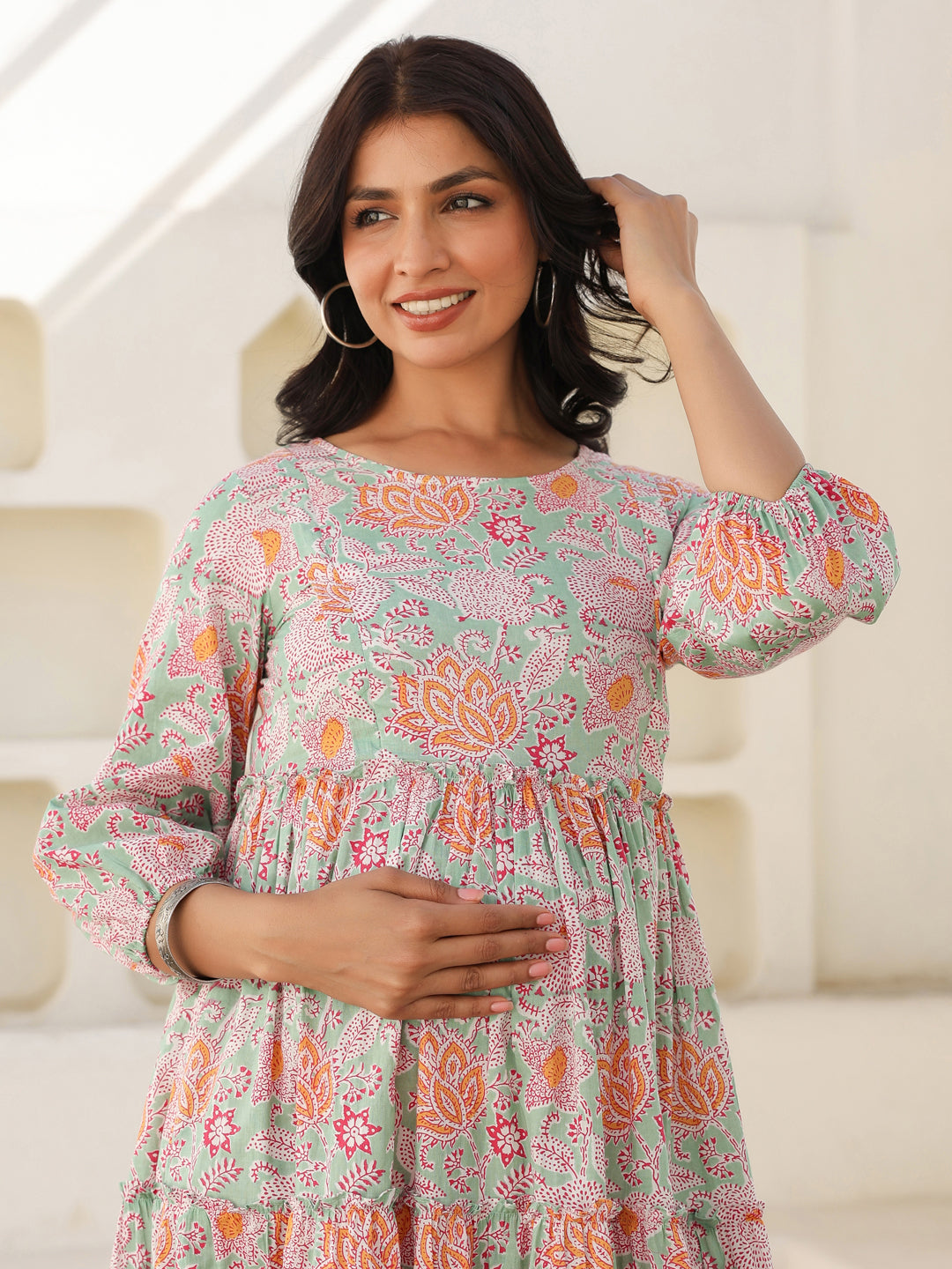 Naari By Shree Light Green Pure Cotton Floral Printed Tiered Maternity Dress