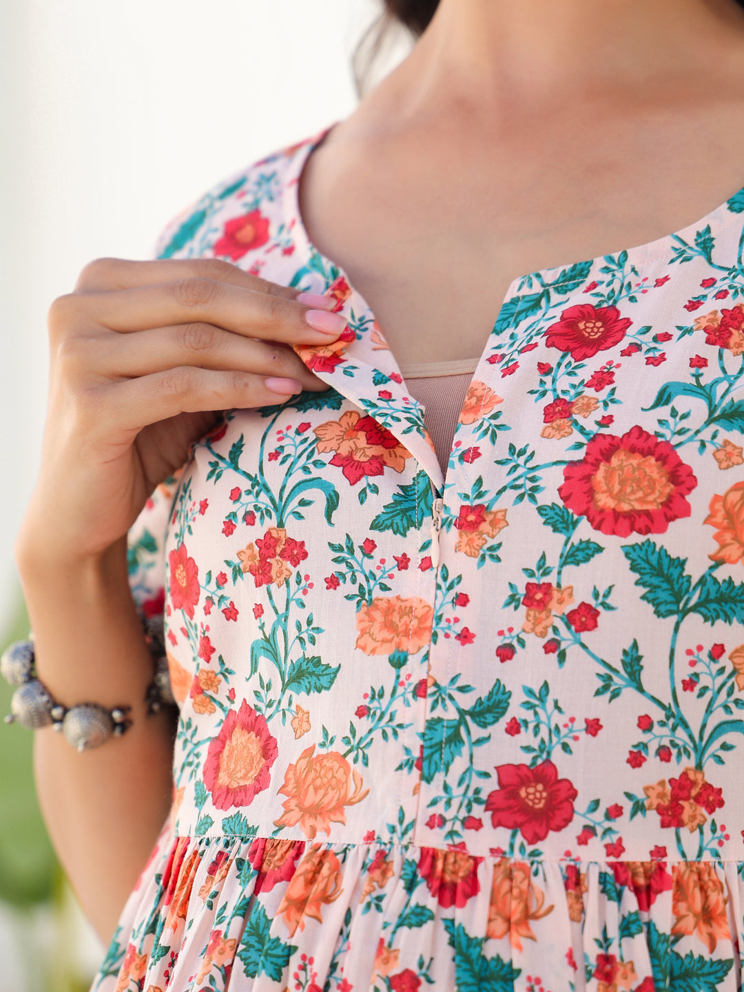 Naari By Shree Peach Pure Cotton Floral Printed Fit & Flare Maternity Dress