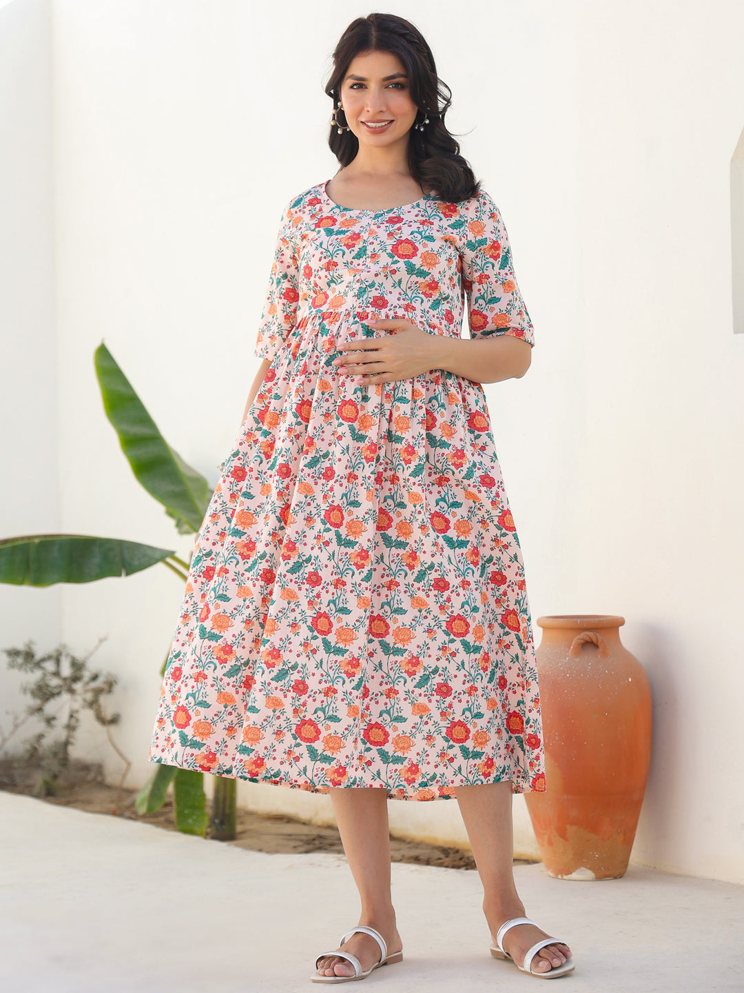 Naari By Shree Peach Pure Cotton Floral Printed Fit & Flare Maternity Dress
