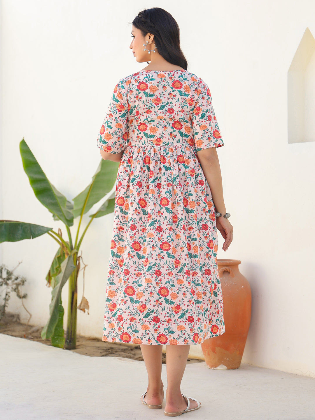 Naari By Shree Peach Pure Cotton Floral Printed Fit & Flare Maternity Dress