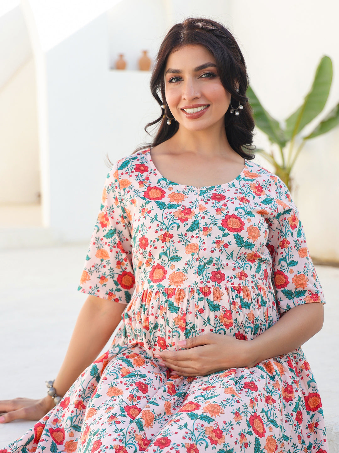 Naari By Shree Peach Pure Cotton Floral Printed Fit & Flare Maternity Dress