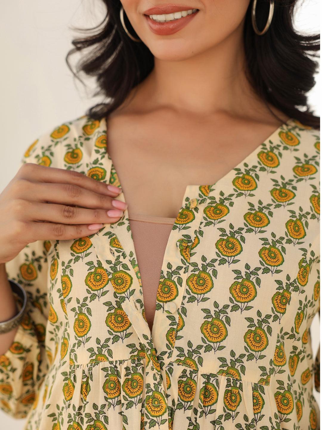 Naari By Shree Cream Pure Cotton Floral Printed A-line Maternity Dress