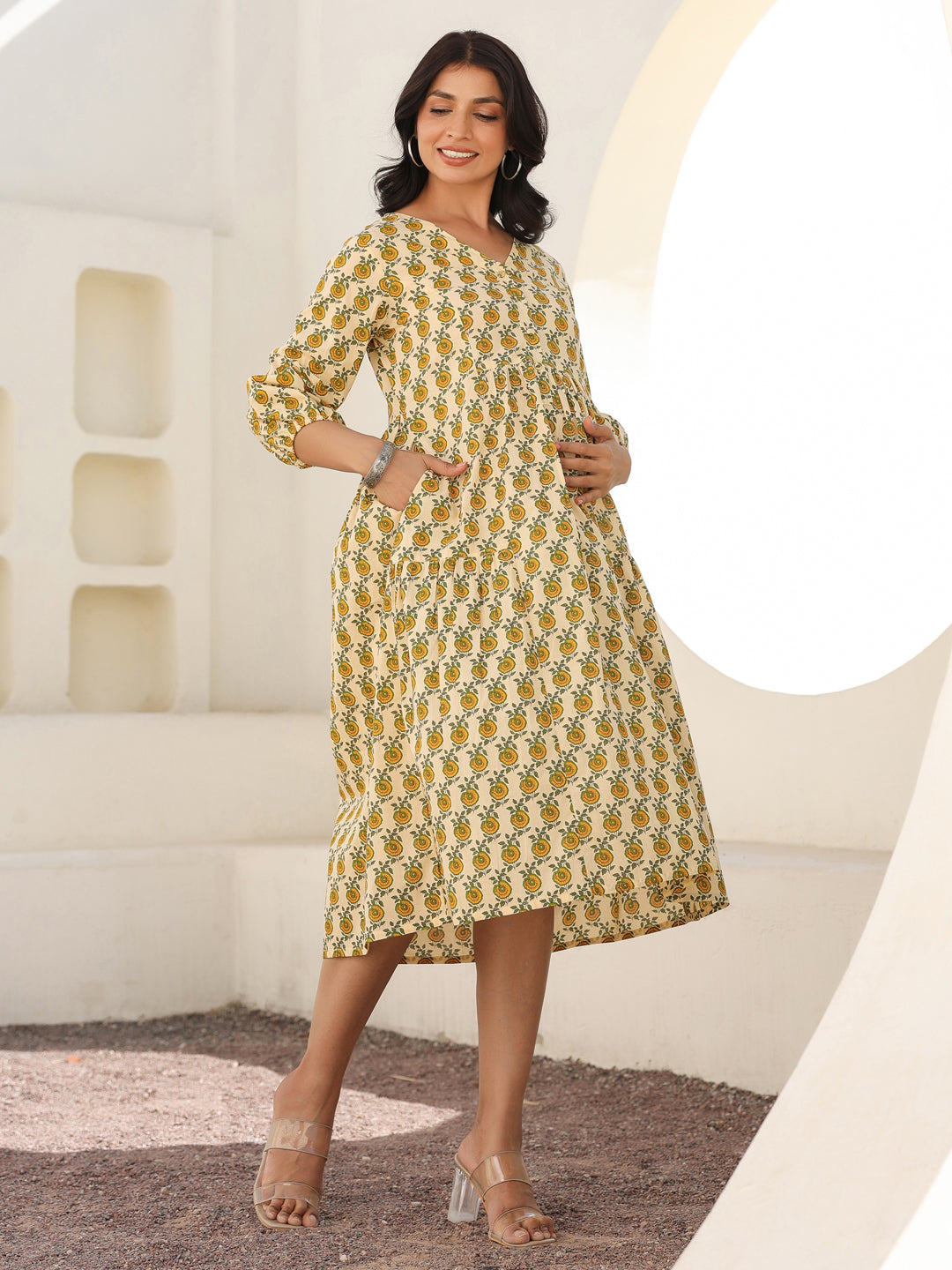 Naari By Shree Cream Pure Cotton Floral Printed A-line Maternity Dress