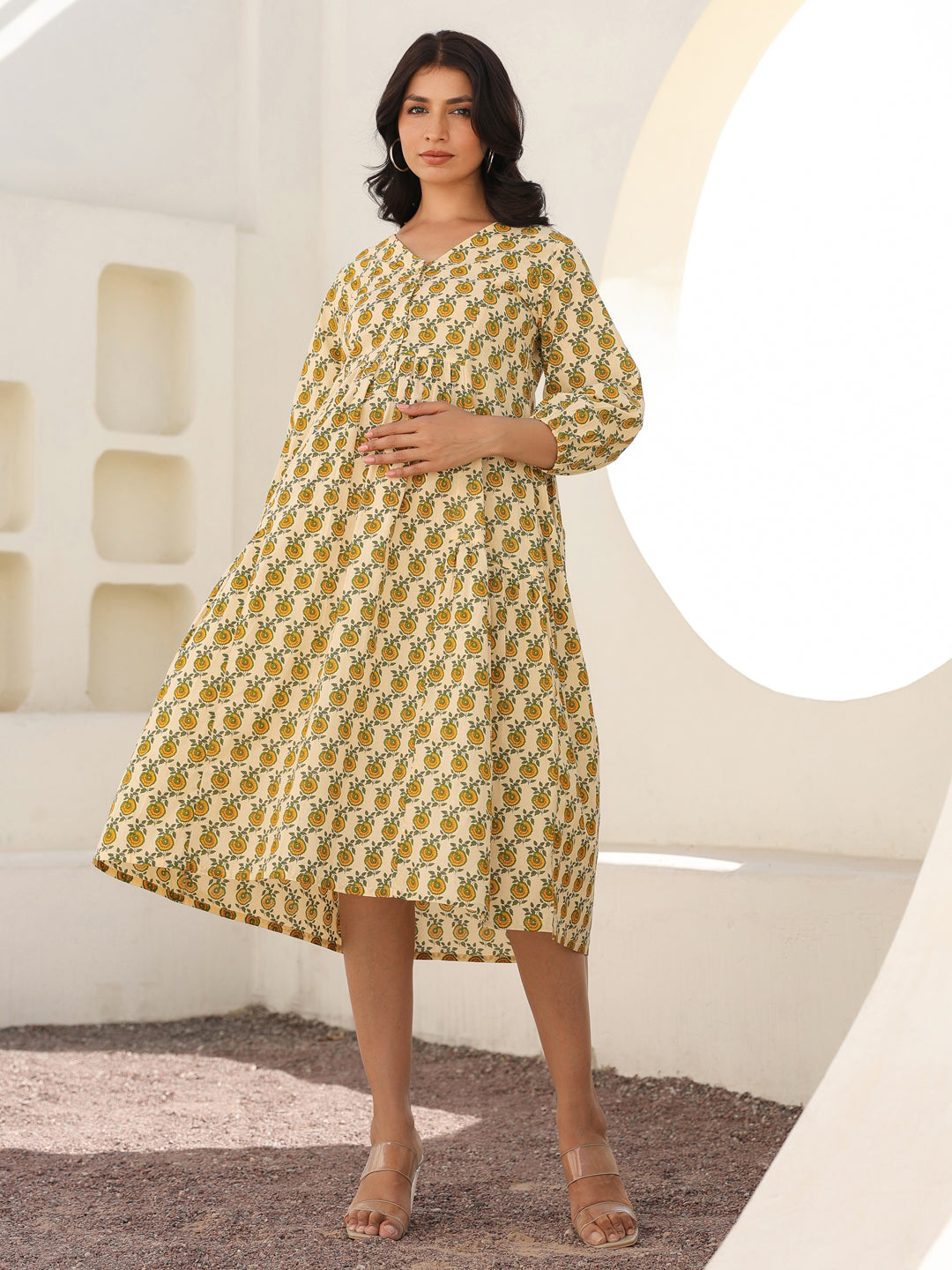 Naari By Shree Cream Pure Cotton Floral Printed A-line Maternity Dress