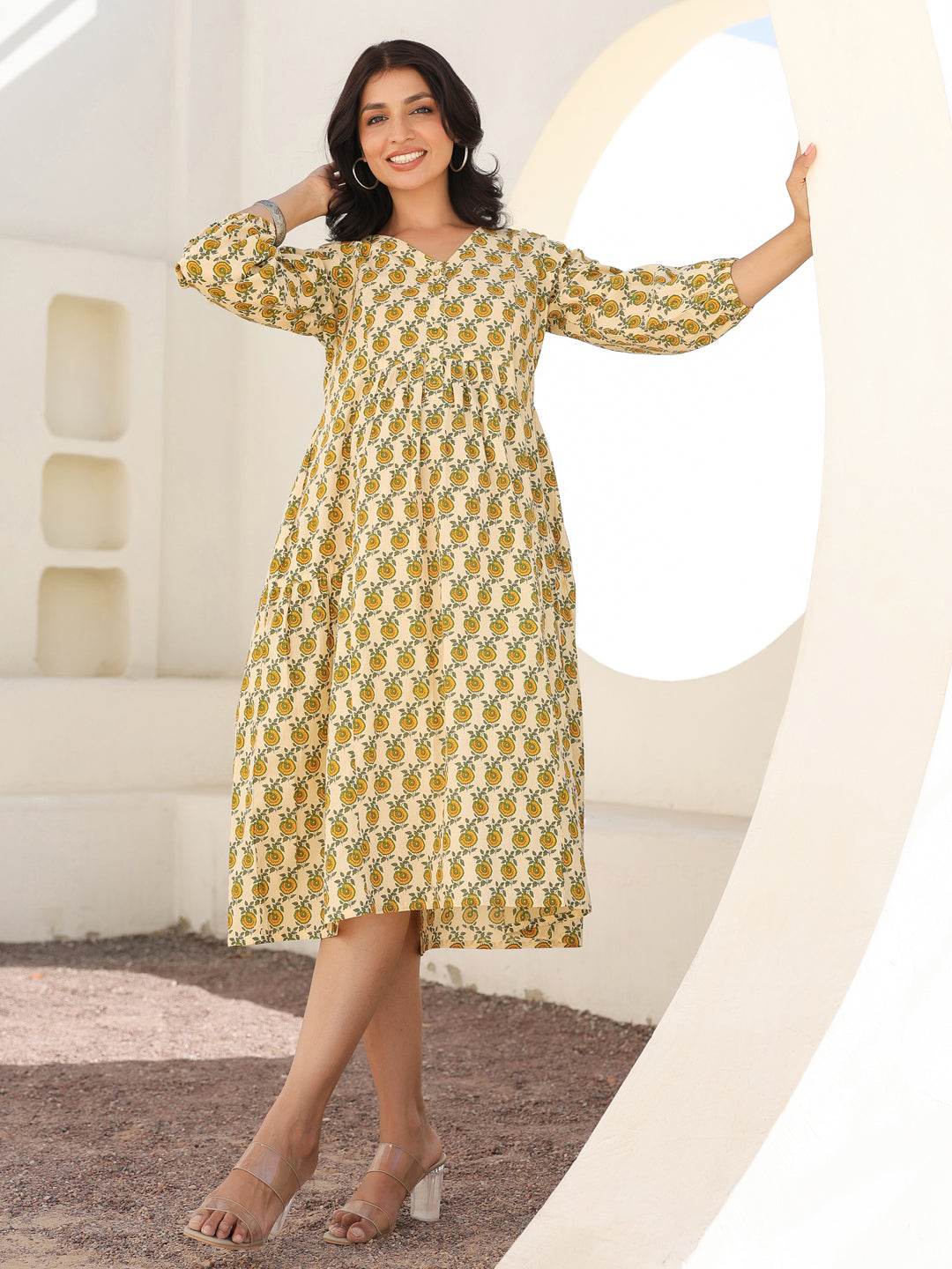 Naari By Shree Cream Pure Cotton Floral Printed A-line Maternity Dress