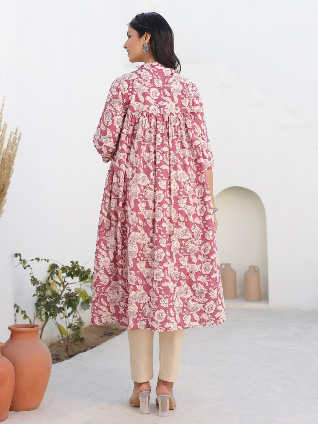 Naari By Shree Mauve Pure Cotton Floral Printed Gathered Maternity Kurta