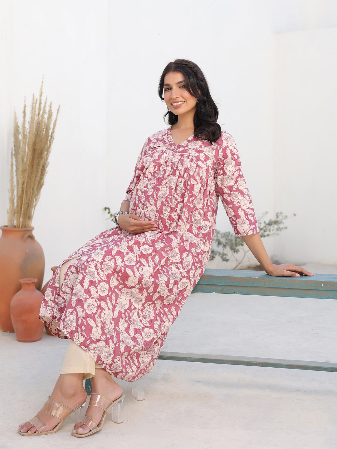 Naari By Shree Mauve Pure Cotton Floral Printed Gathered Maternity Kurta