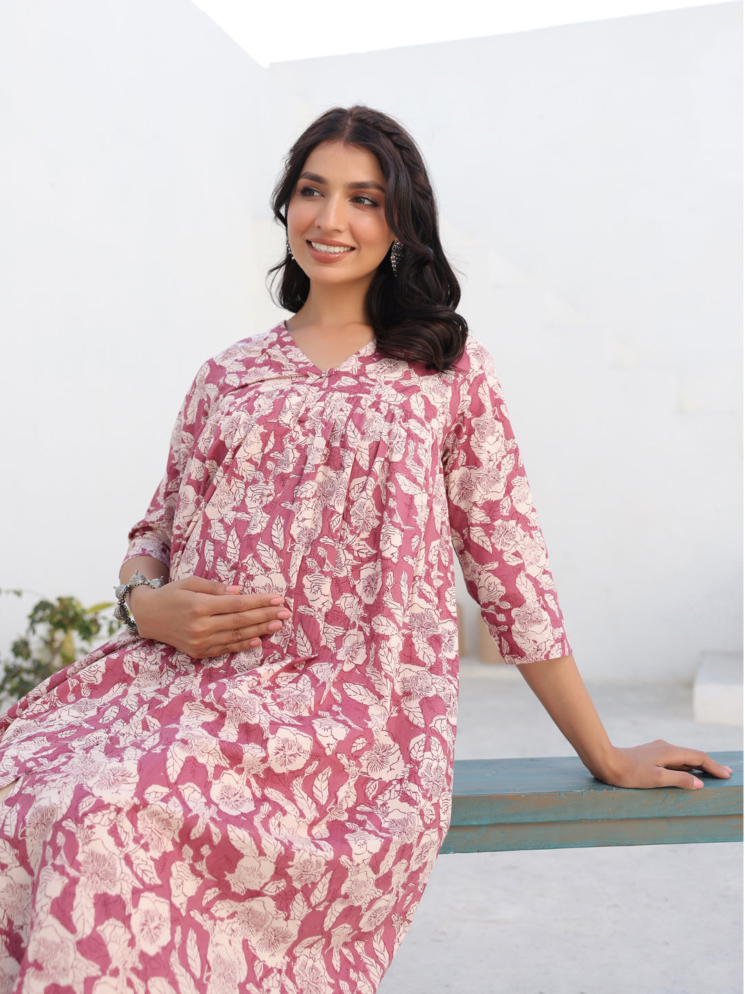 Naari By Shree Mauve Pure Cotton Floral Printed Gathered Maternity Kurta