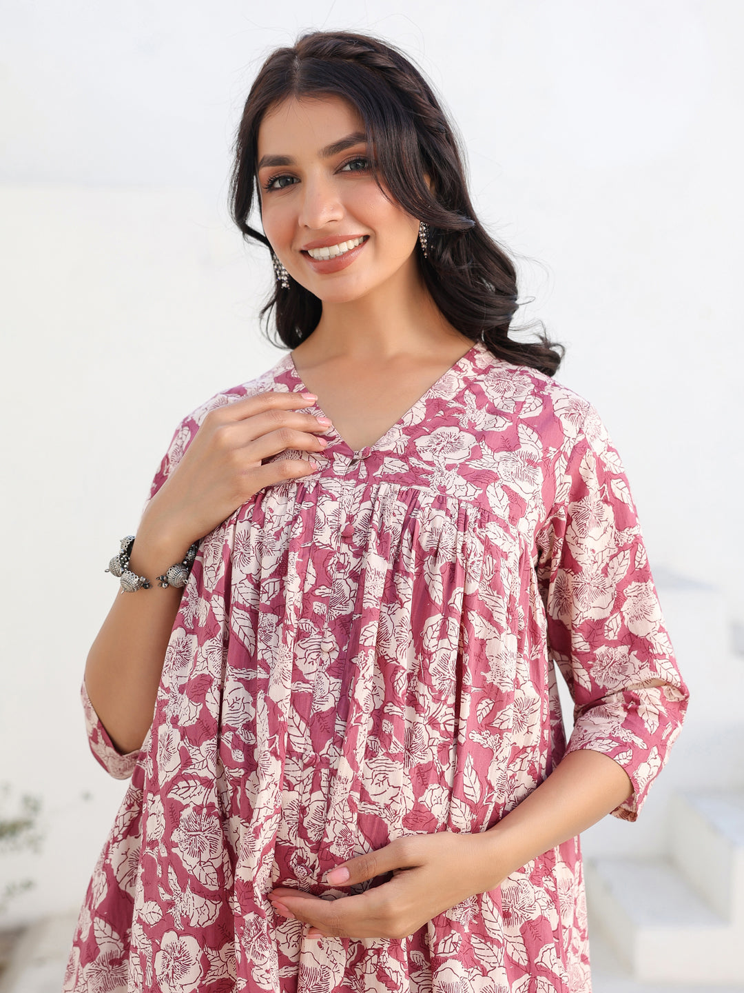 Naari By Shree Mauve Pure Cotton Floral Printed Gathered Maternity Kurta
