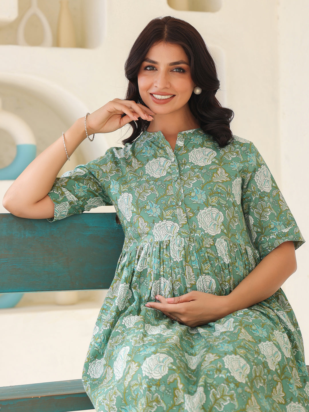 Naari By Shree Sage Green Pure Cotton Floral Printed A-line Maternity Kurta