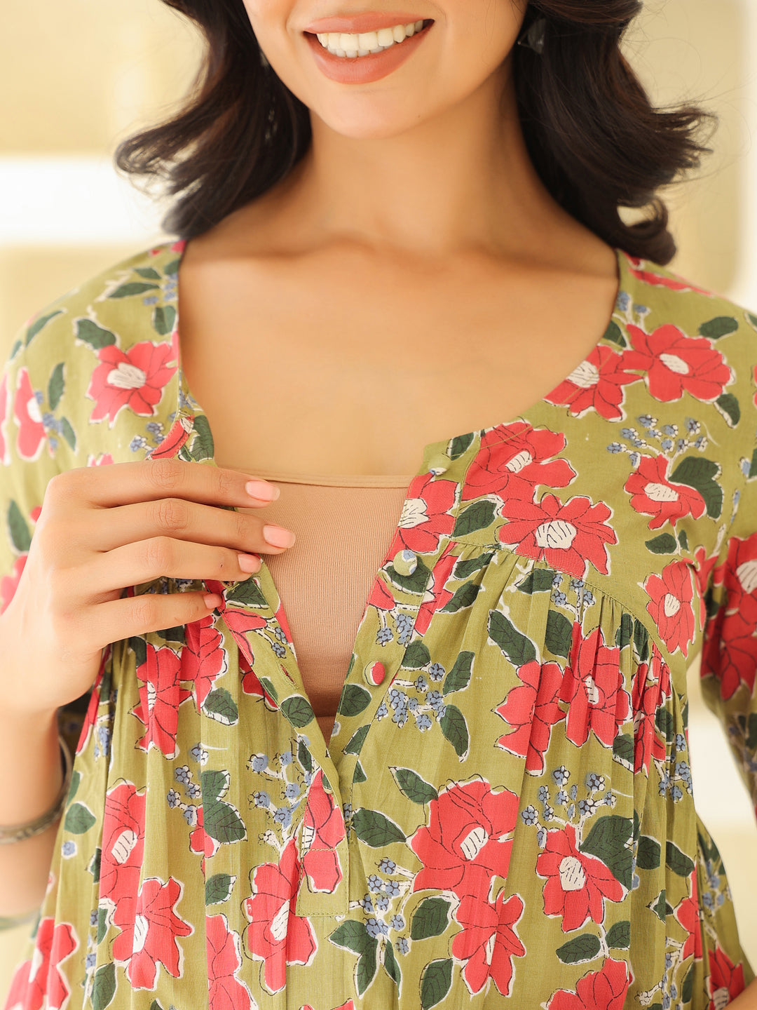 Naari By Shree Sage Green Pure Cotton Floral Printed Gathered Maternity Kurta