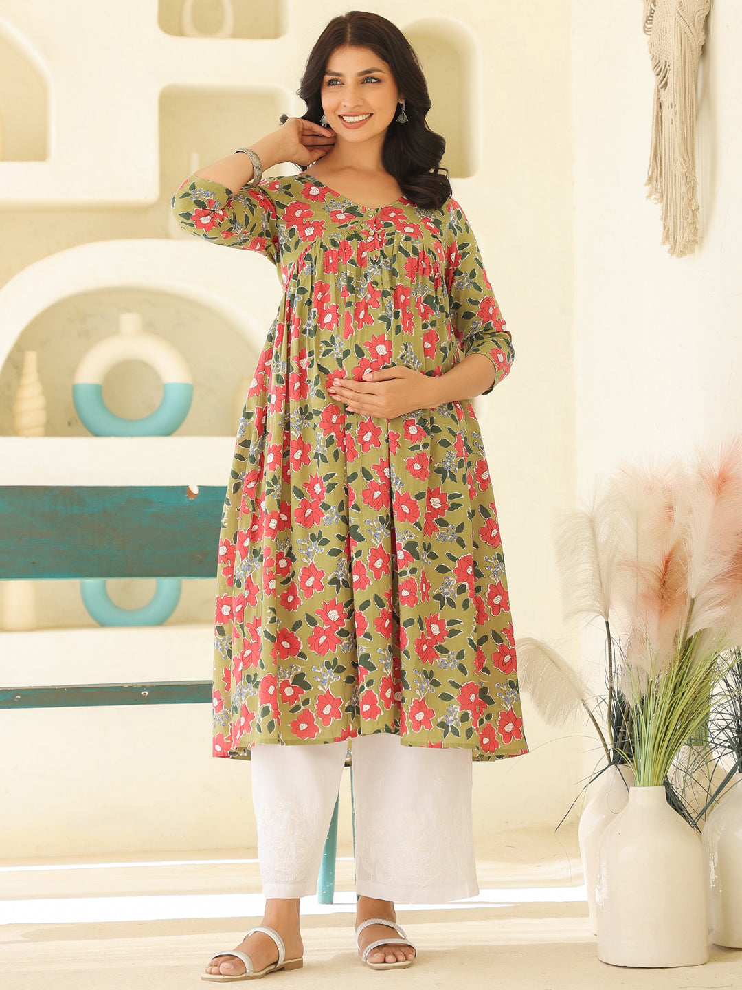 Naari By Shree Sage Green Pure Cotton Floral Printed Gathered Maternity Kurta