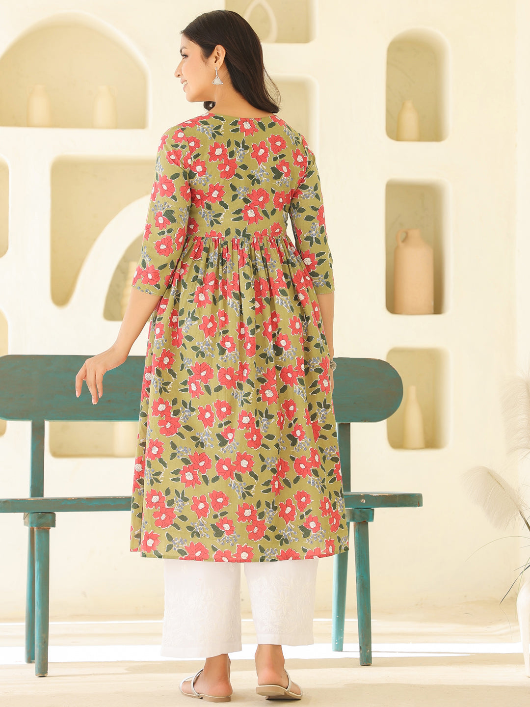 Naari By Shree Sage Green Pure Cotton Floral Printed Gathered Maternity Kurta