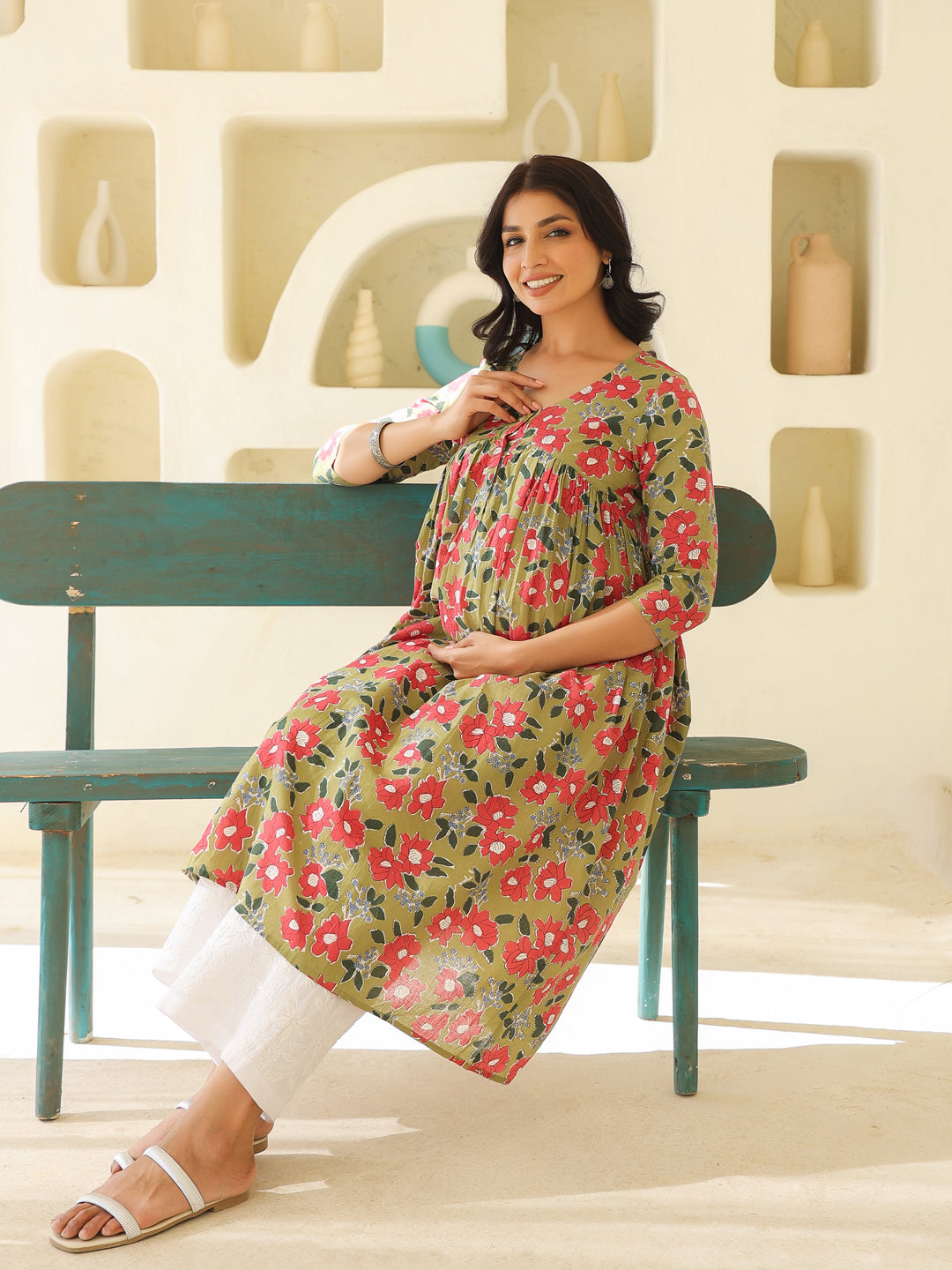 Naari By Shree Sage Green Pure Cotton Floral Printed Gathered Maternity Kurta
