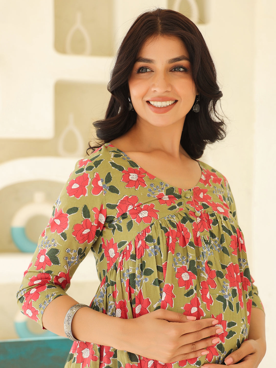 Naari By Shree Sage Green Pure Cotton Floral Printed Gathered Maternity Kurta