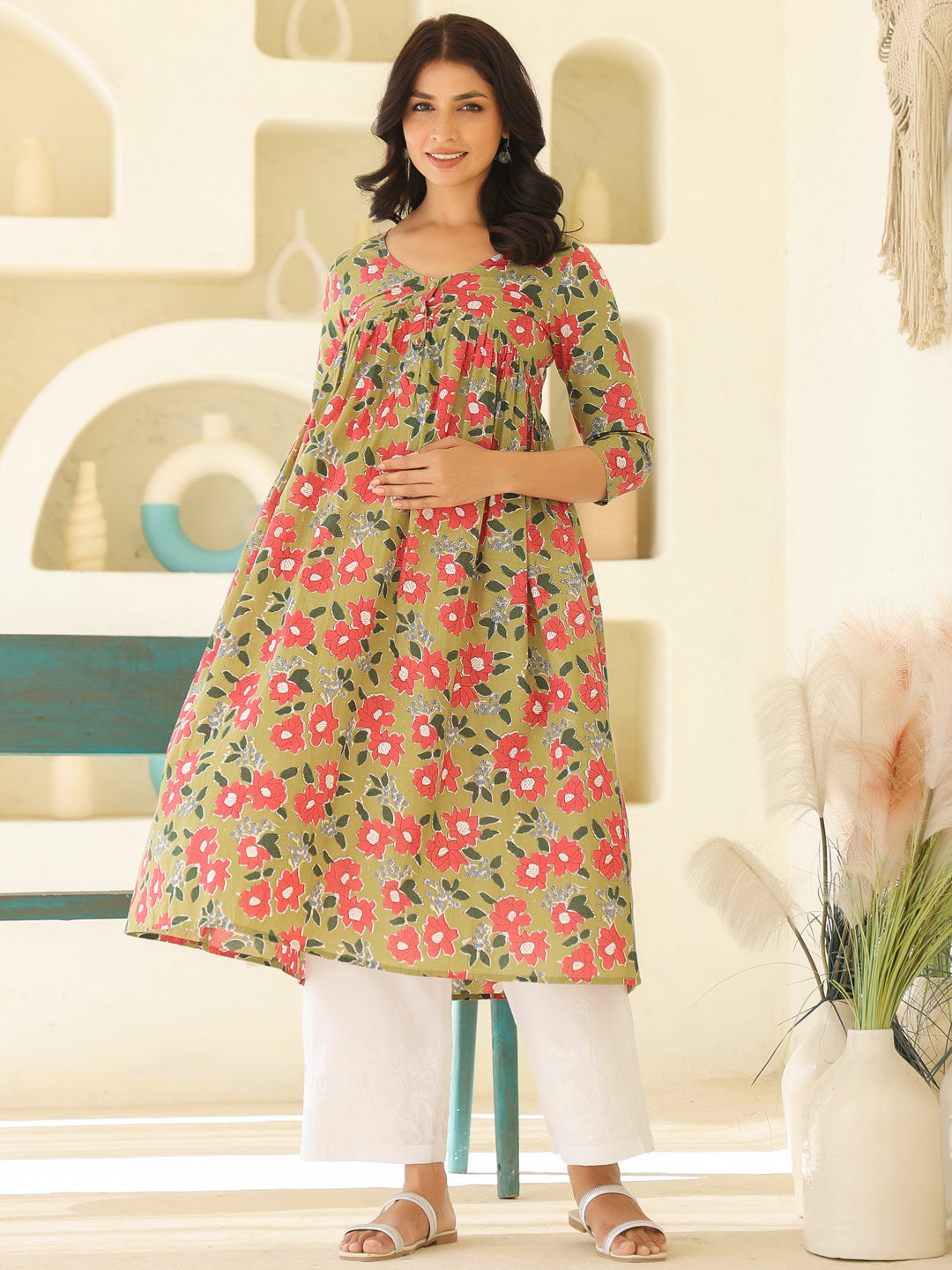 Naari By Shree Sage Green Pure Cotton Floral Printed Gathered Maternity Kurta