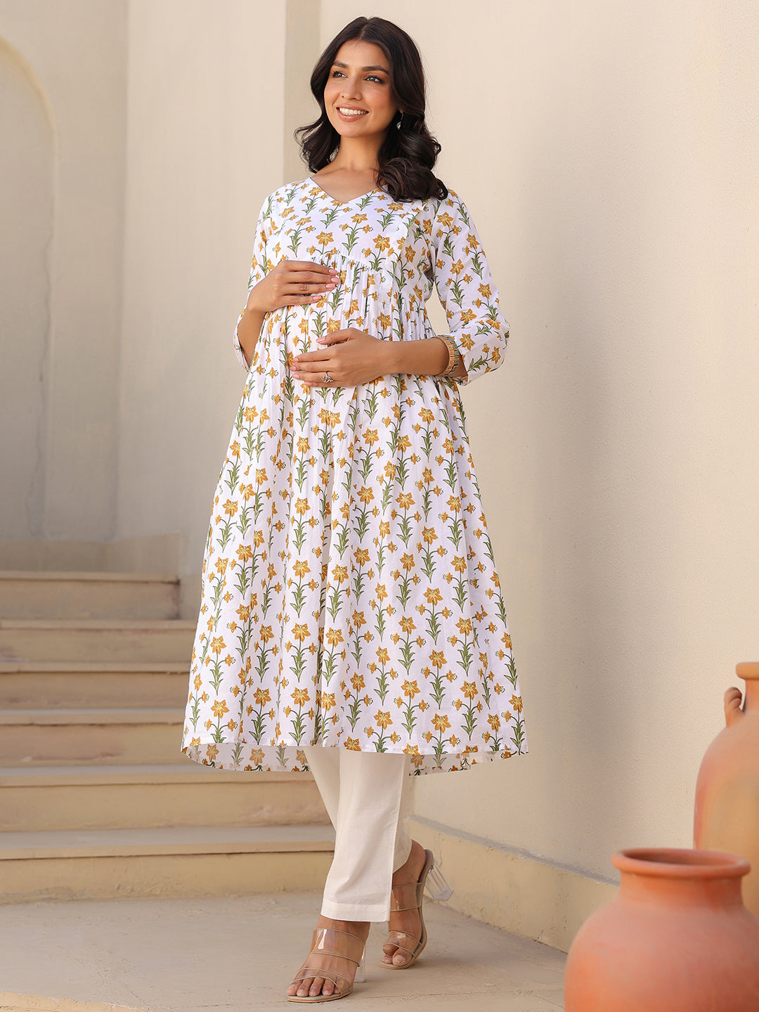 Naari By Shree White Pure Cotton Floral Printed A-line Maternity Kurta
