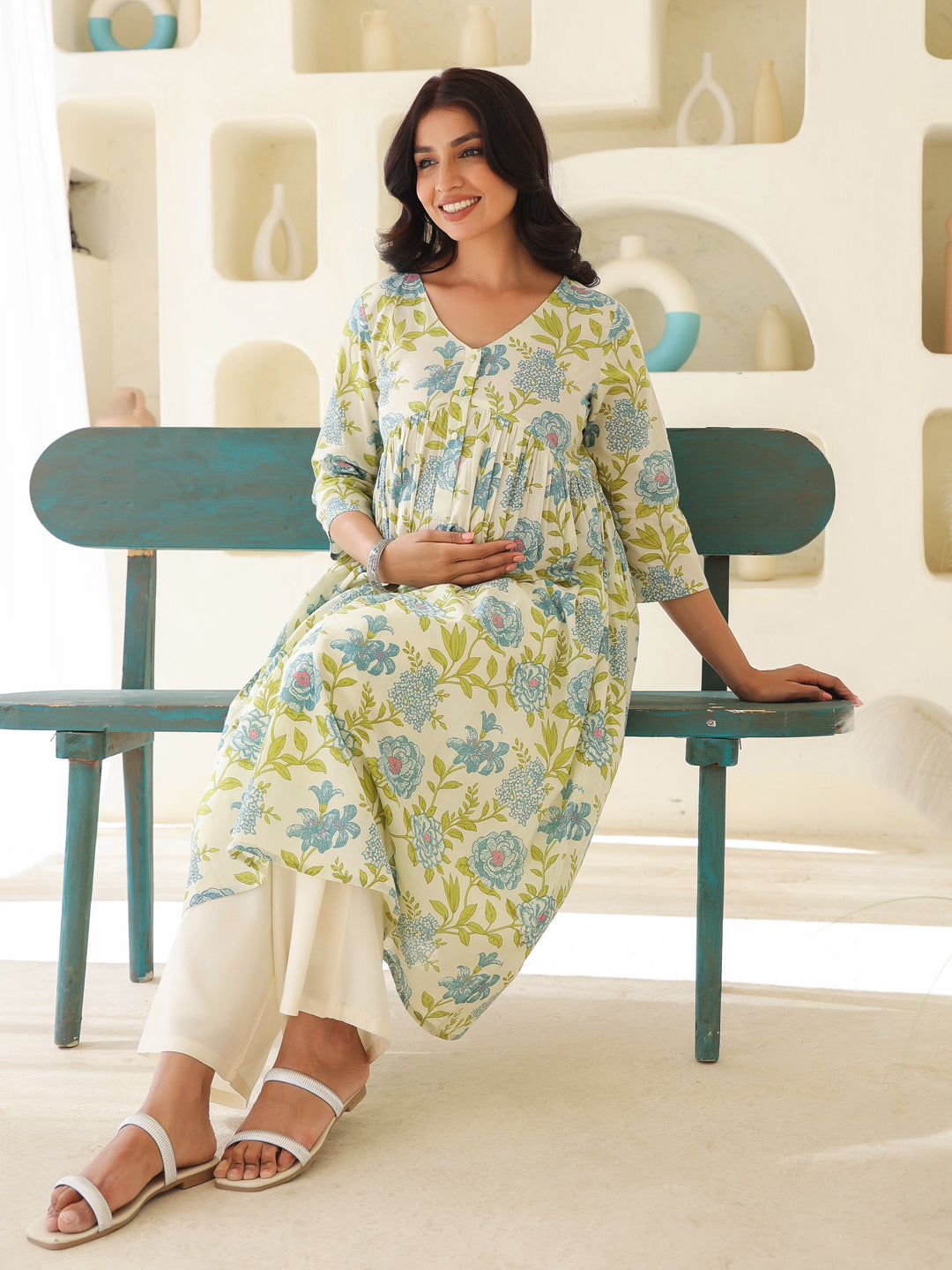 Naari By Shree Off White Pure Cotton Floral Printed A-line Maternity Kurta