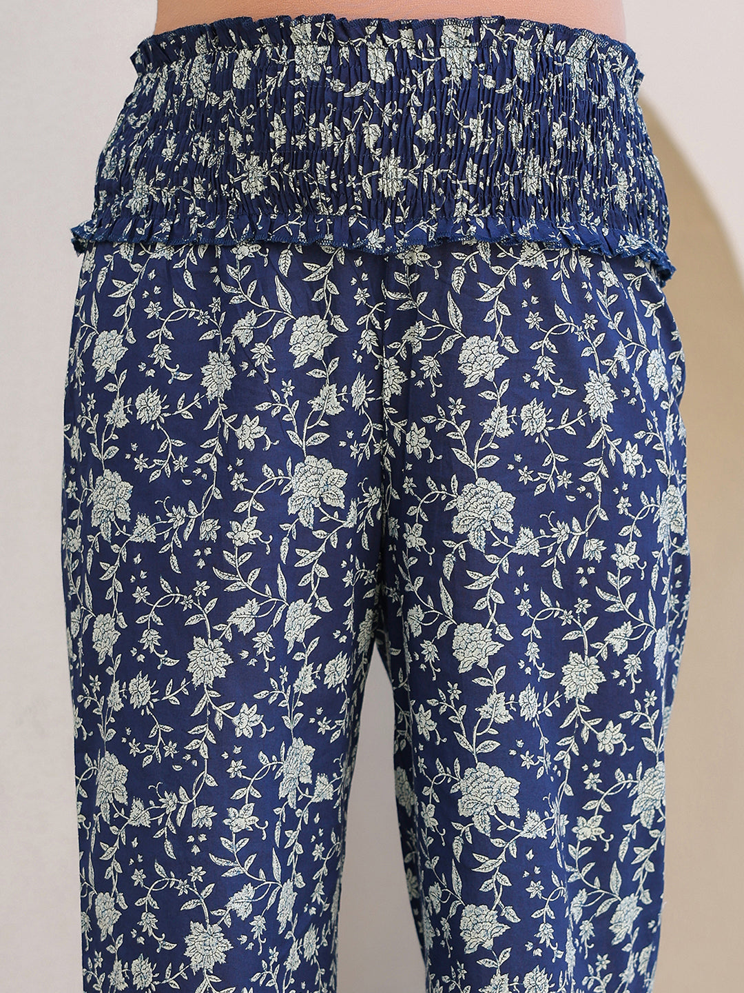 Naari By Shree Indigo Pure Cotton Floral Printed Gathered Maternity Kurta Set