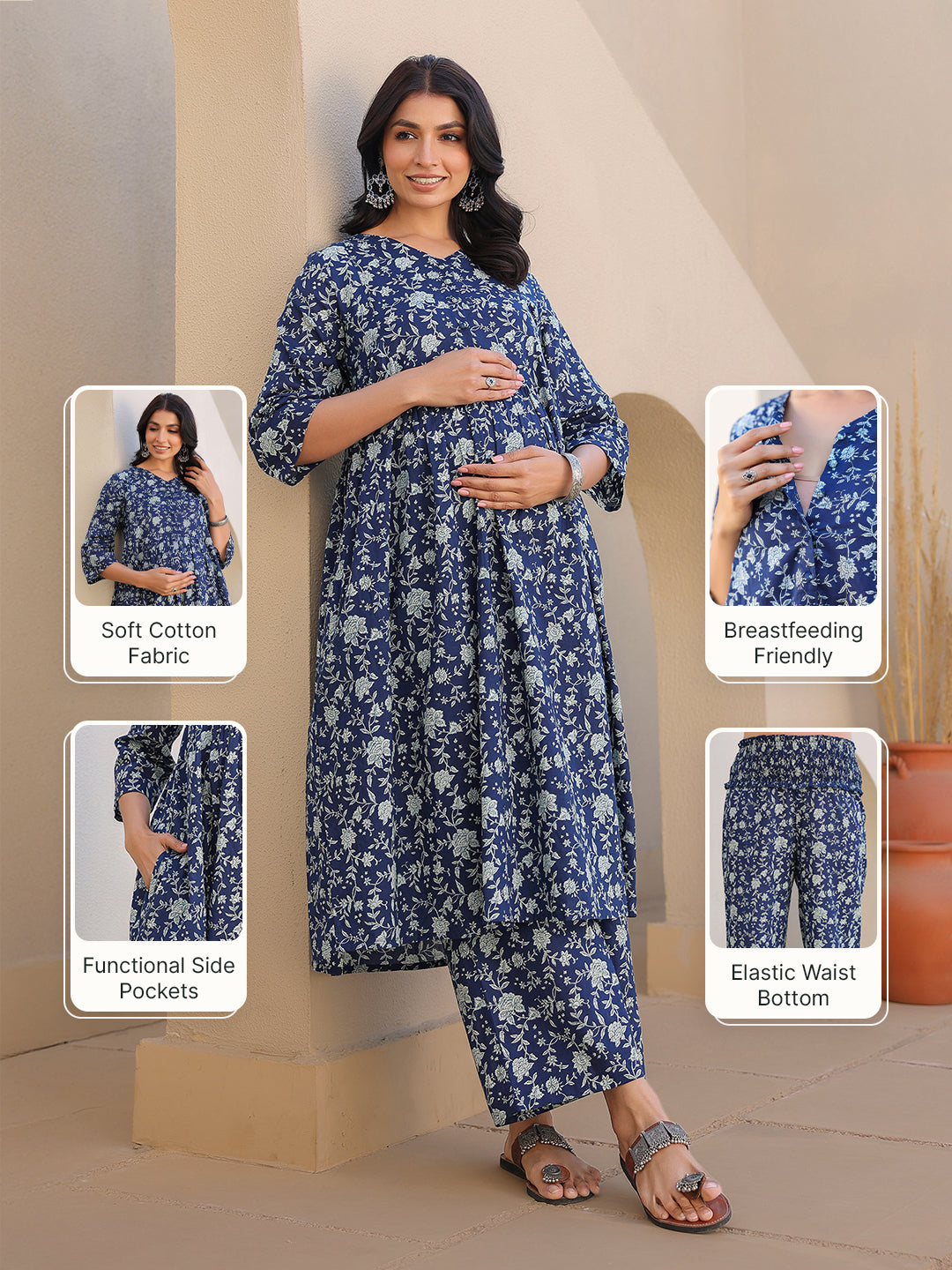 Naari By Shree Indigo Pure Cotton Floral Printed Gathered Maternity Kurta Set