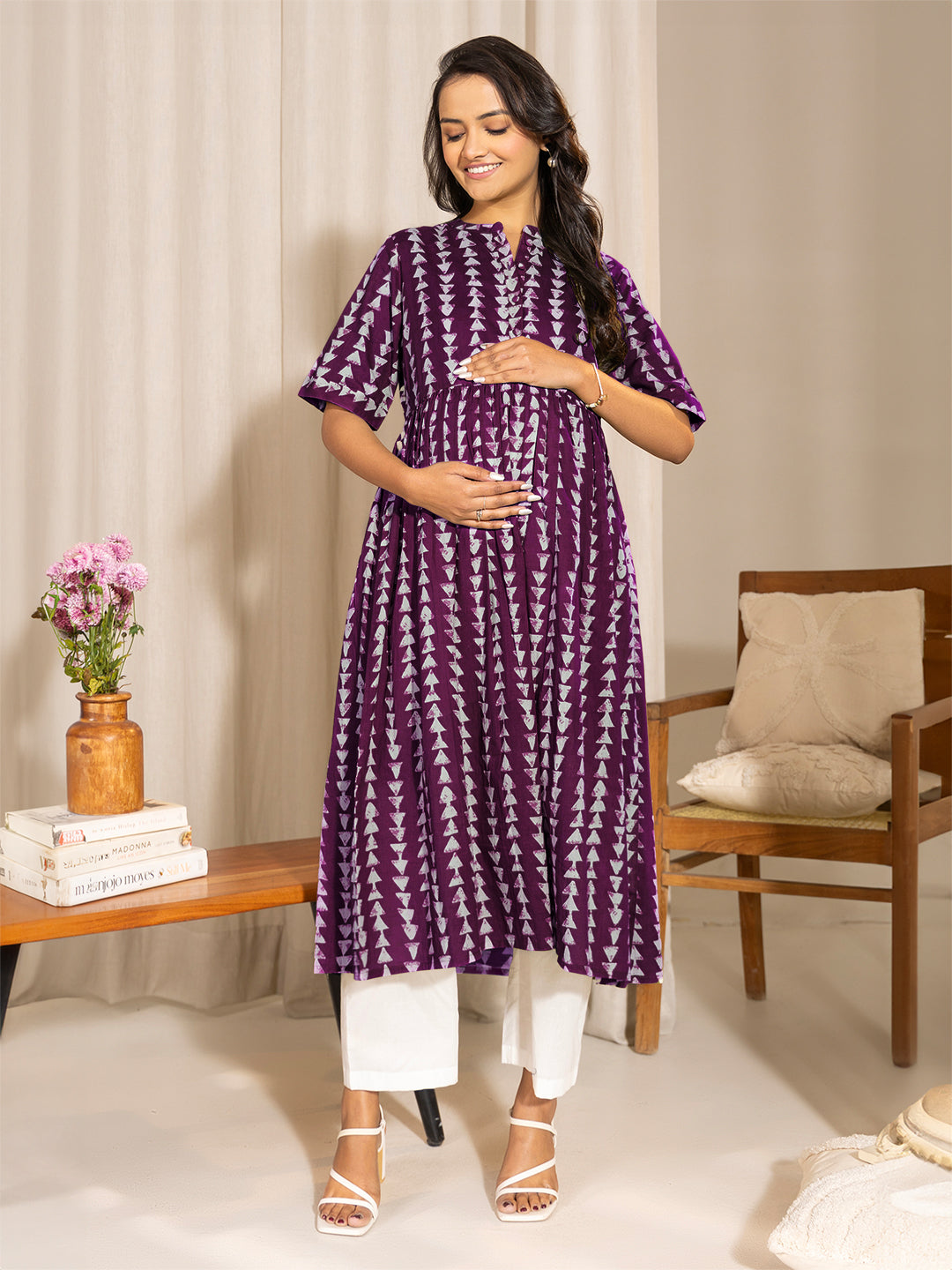 Naari By Shree Wine Pure Cotton Geometric Printed A-Line Kurta