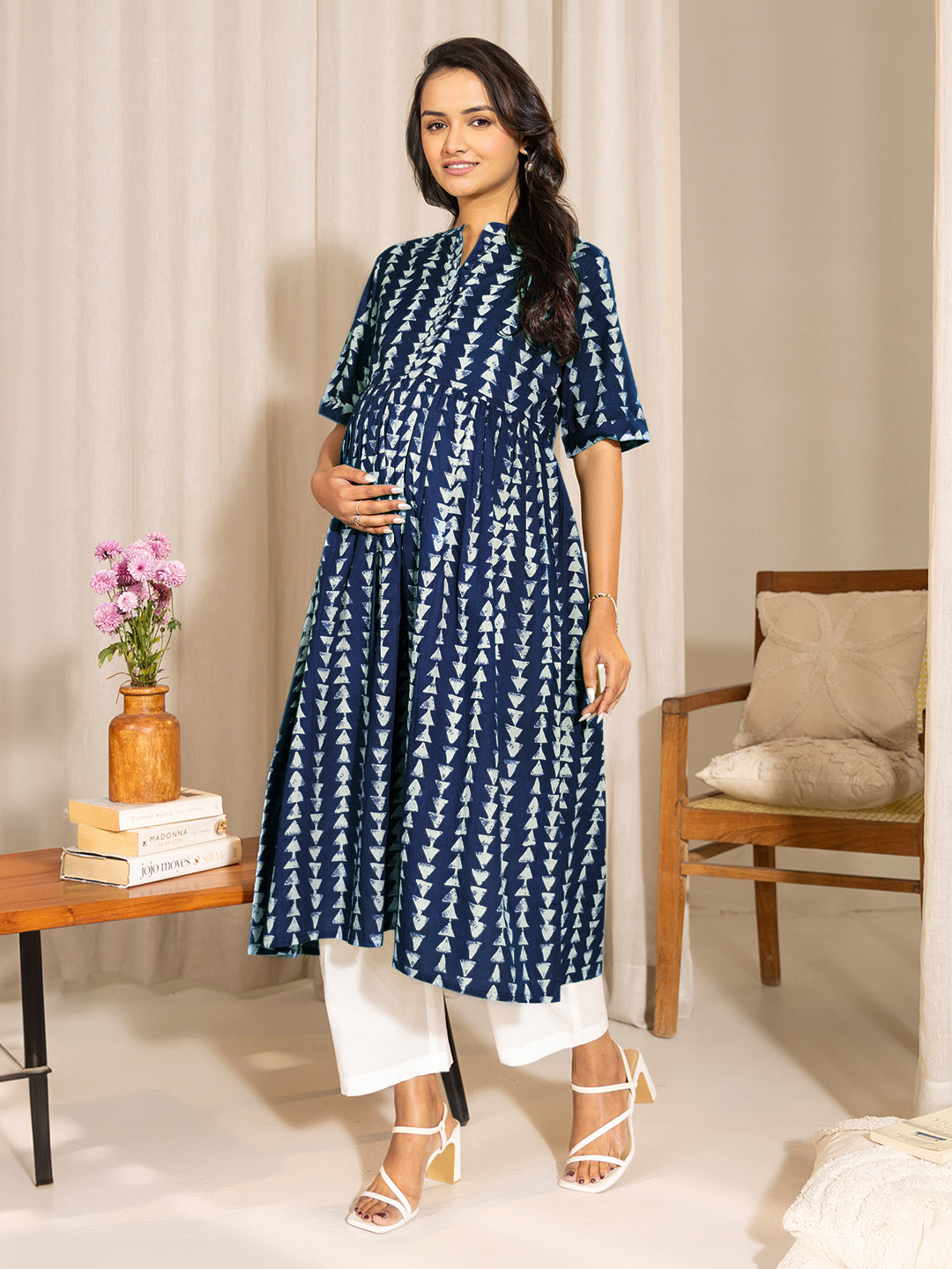 Naari By Shree Indigo Pure Cotton Geometric Printed A-line Maternity Kurta