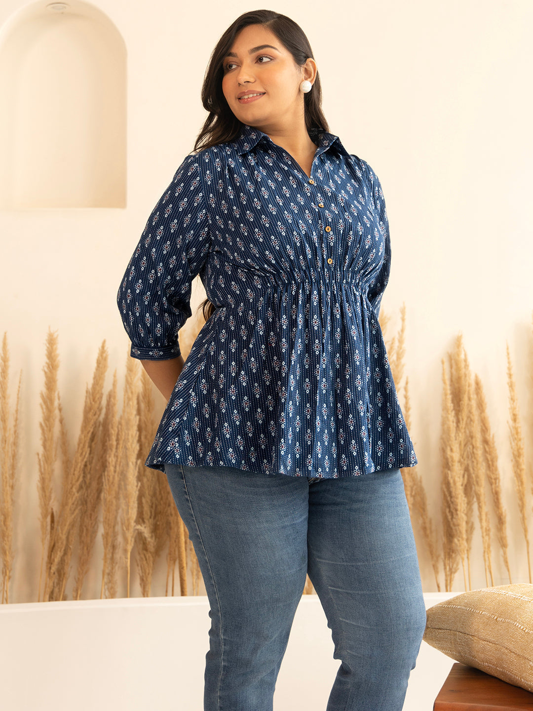 Naari By Shree Plus Size Dark Blue Cotton Ethnic Motifs A-Line Top