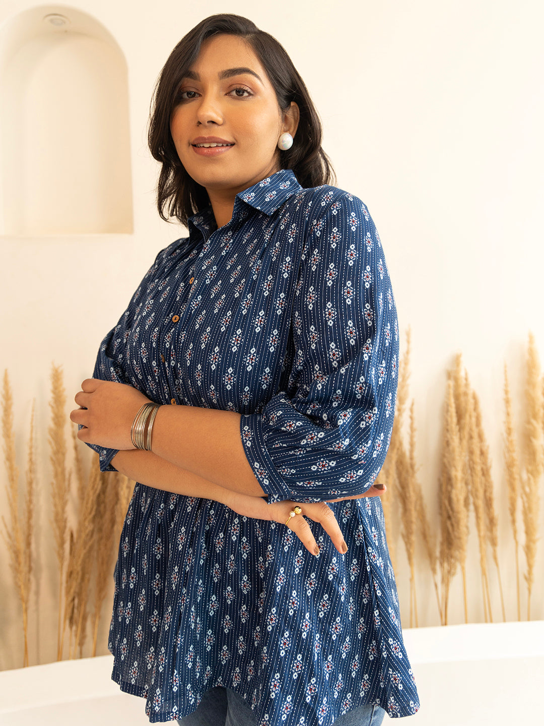 Naari By Shree Plus Size Dark Blue Cotton Ethnic Motifs A-Line Top