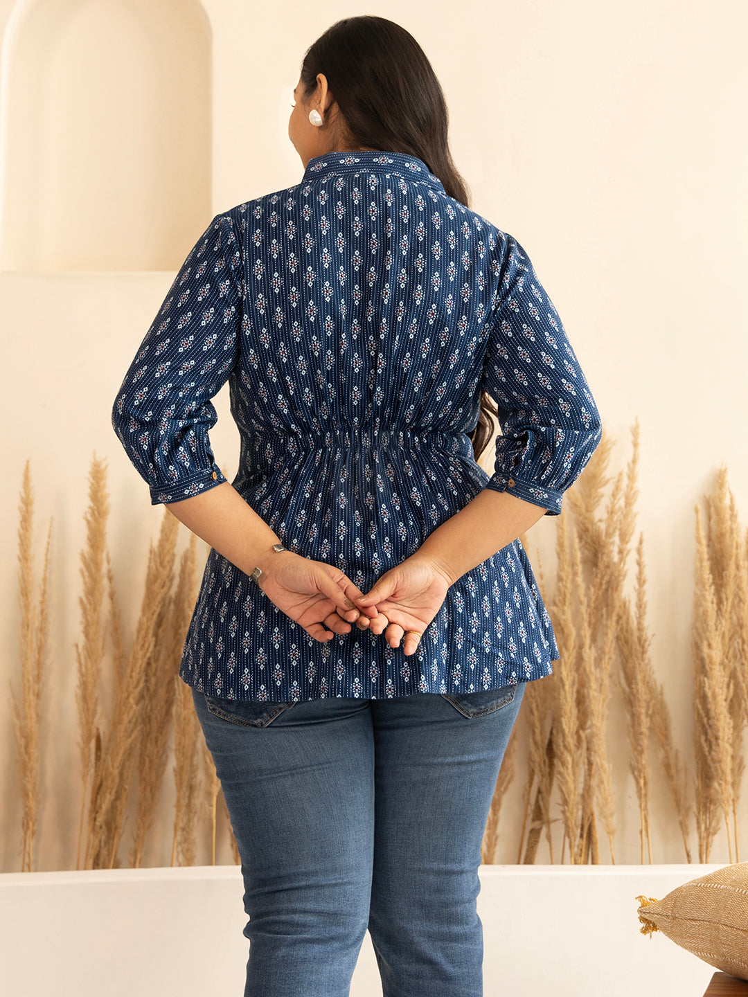 Naari By Shree Plus Size Dark Blue Cotton Ethnic Motifs A-Line Top