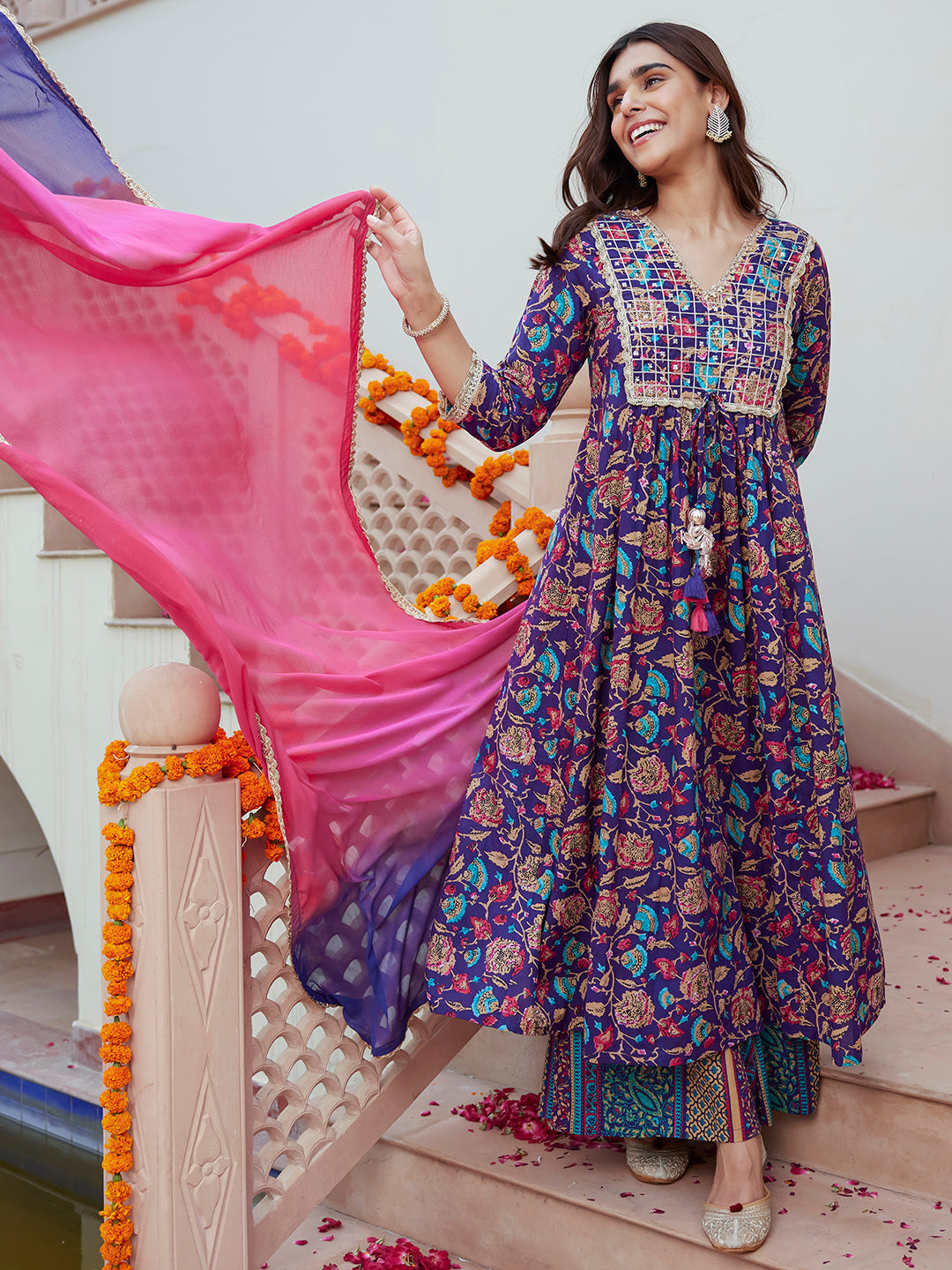 Naari By Shree Purple Cotton Embellished Ethnic Printed Kurta with Flared Palazzo and Dupatta