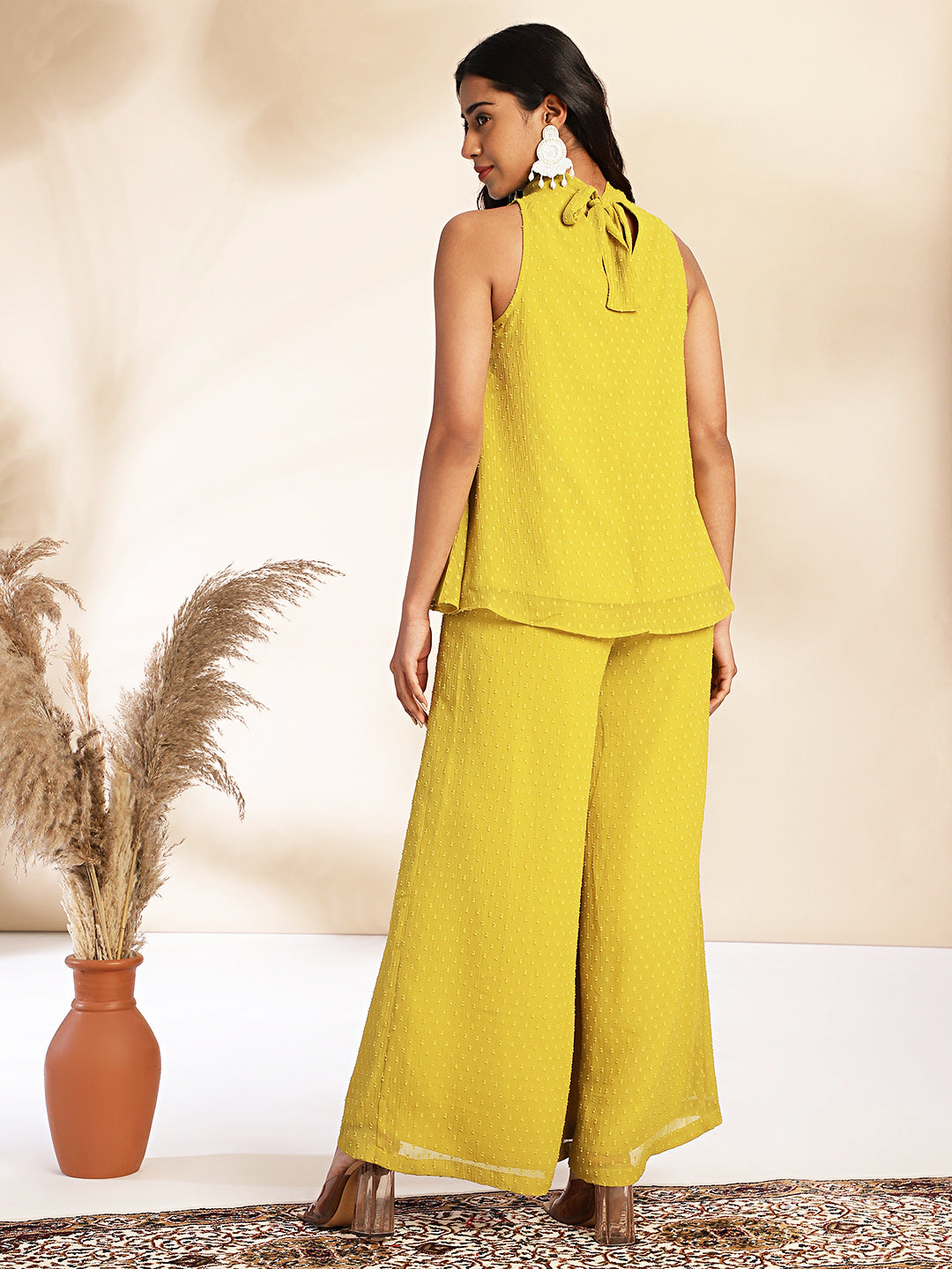 Naari By Shree Yellow Dobby Chiffon Solid Co-ord Set